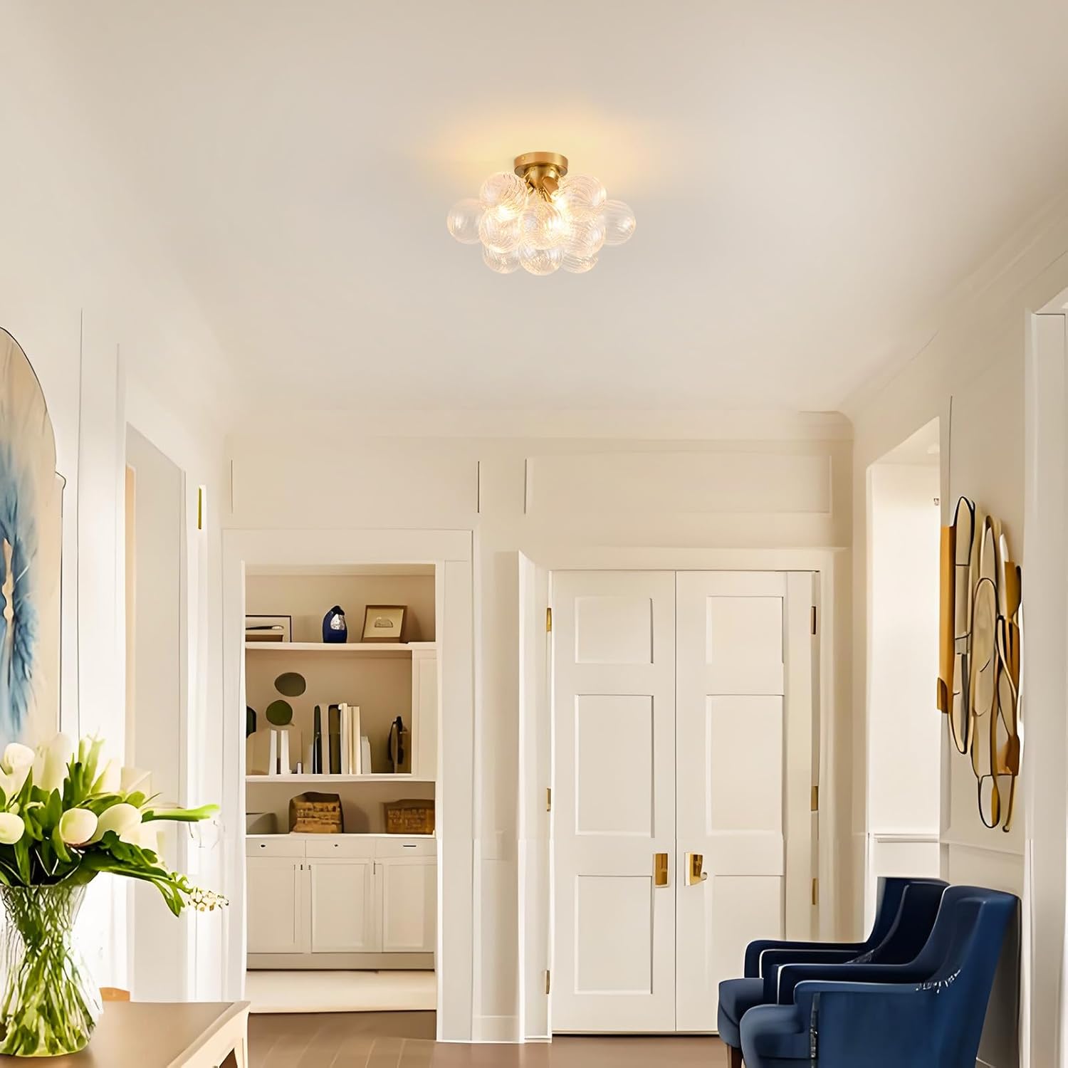 Modern Flush Mount Glass Bubble Ceiling Light – 17” Artistic Gold Chandelier with E12 Base for Bedroom & Entryway