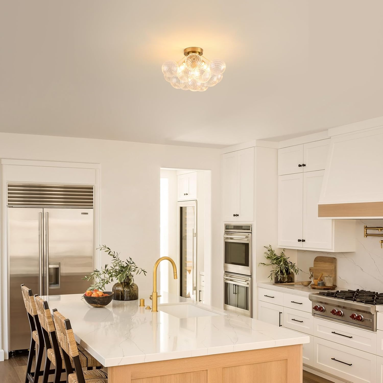 Modern Flush Mount Glass Bubble Ceiling Light – 17” Artistic Gold Chandelier with E12 Base for Bedroom & Entryway