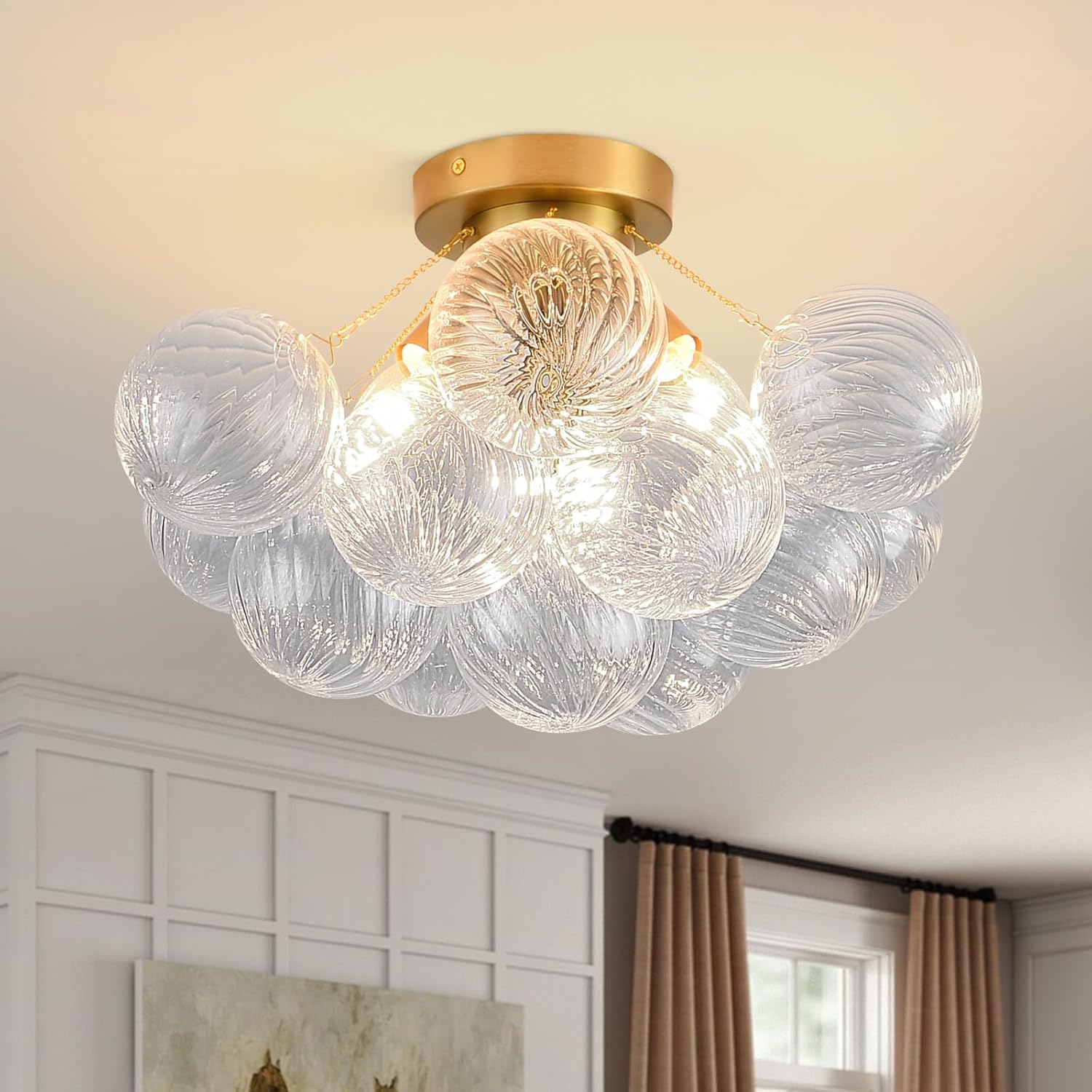 Modern Flush Mount Glass Bubble Ceiling Light – 17” Artistic Gold Chandelier with E12 Base for Bedroom & Entryway