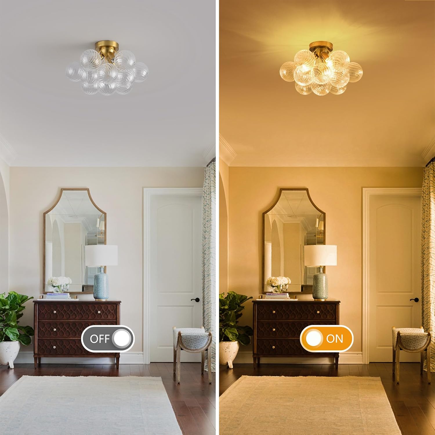 Modern Flush Mount Glass Bubble Ceiling Light – 17” Artistic Gold Chandelier with E12 Base for Bedroom & Entryway