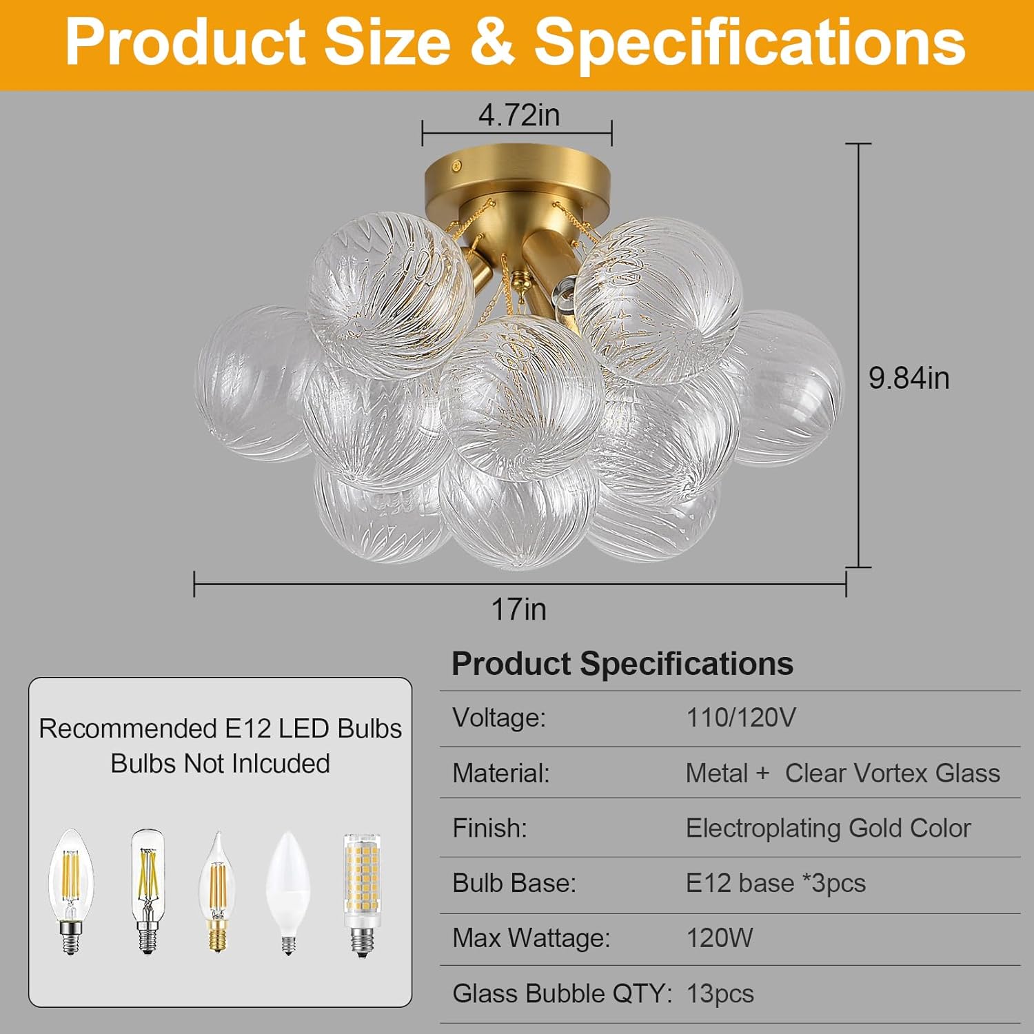 Modern Flush Mount Glass Bubble Ceiling Light – 17” Artistic Gold Chandelier with E12 Base for Bedroom & Entryway