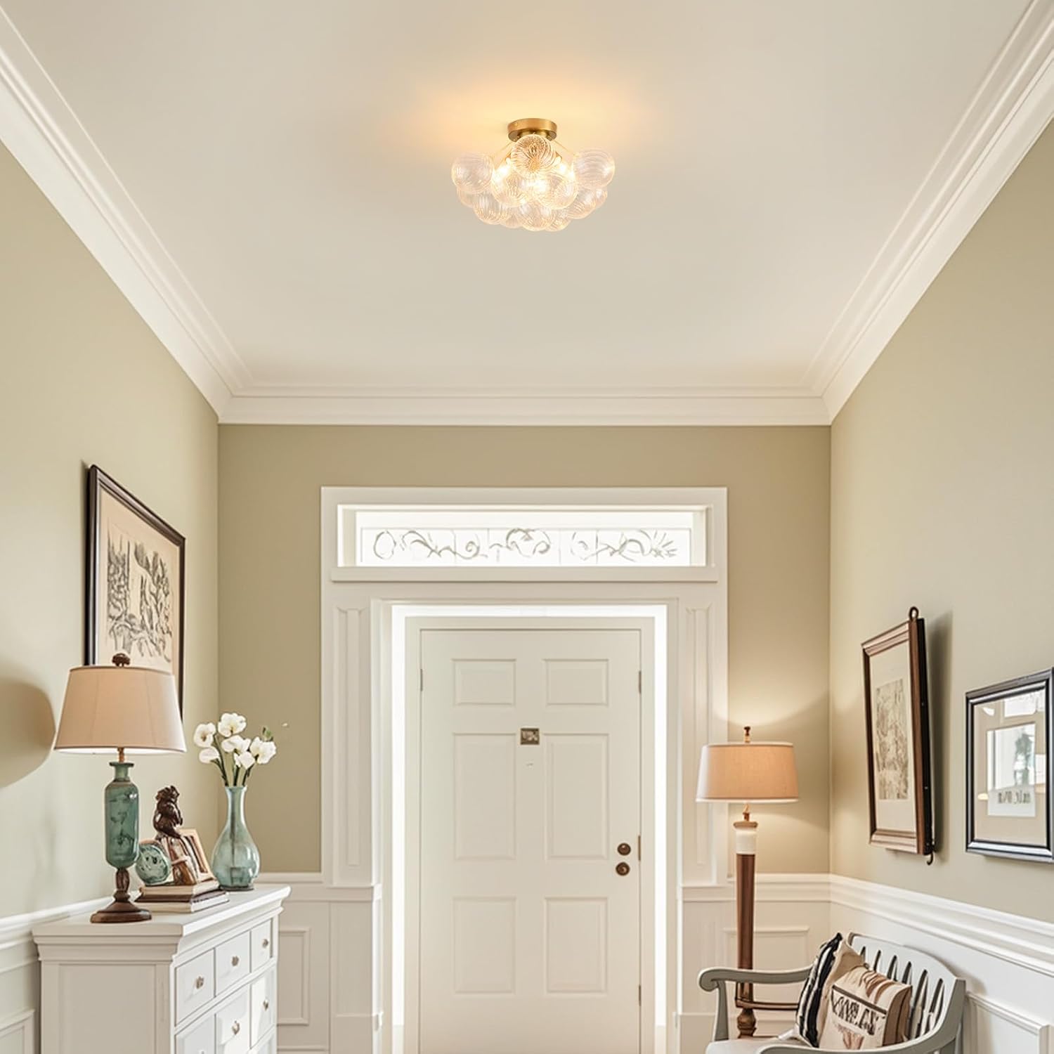 Modern Flush Mount Glass Bubble Ceiling Light – 17” Artistic Gold Chandelier with E12 Base for Bedroom & Entryway