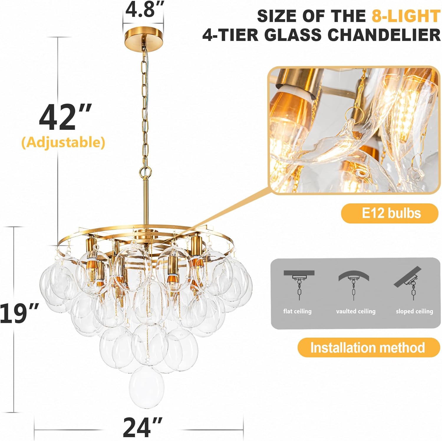 Modern 4-Tier Glass Chandelier with 8 Lights | Gold Adjustable Pendant Ceiling Light