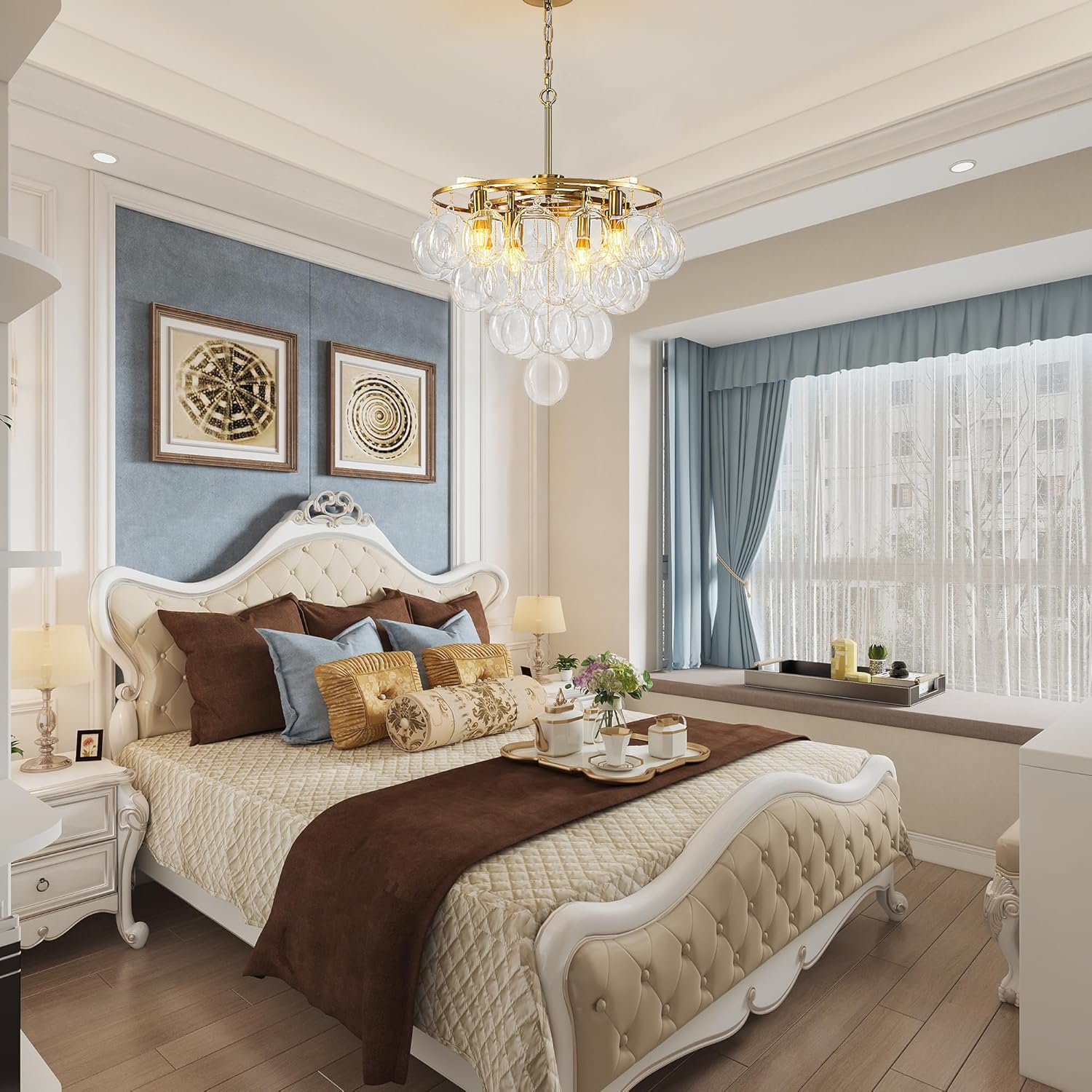 Modern 4-Tier Glass Chandelier with 8 Lights | Gold Adjustable Pendant Ceiling Light