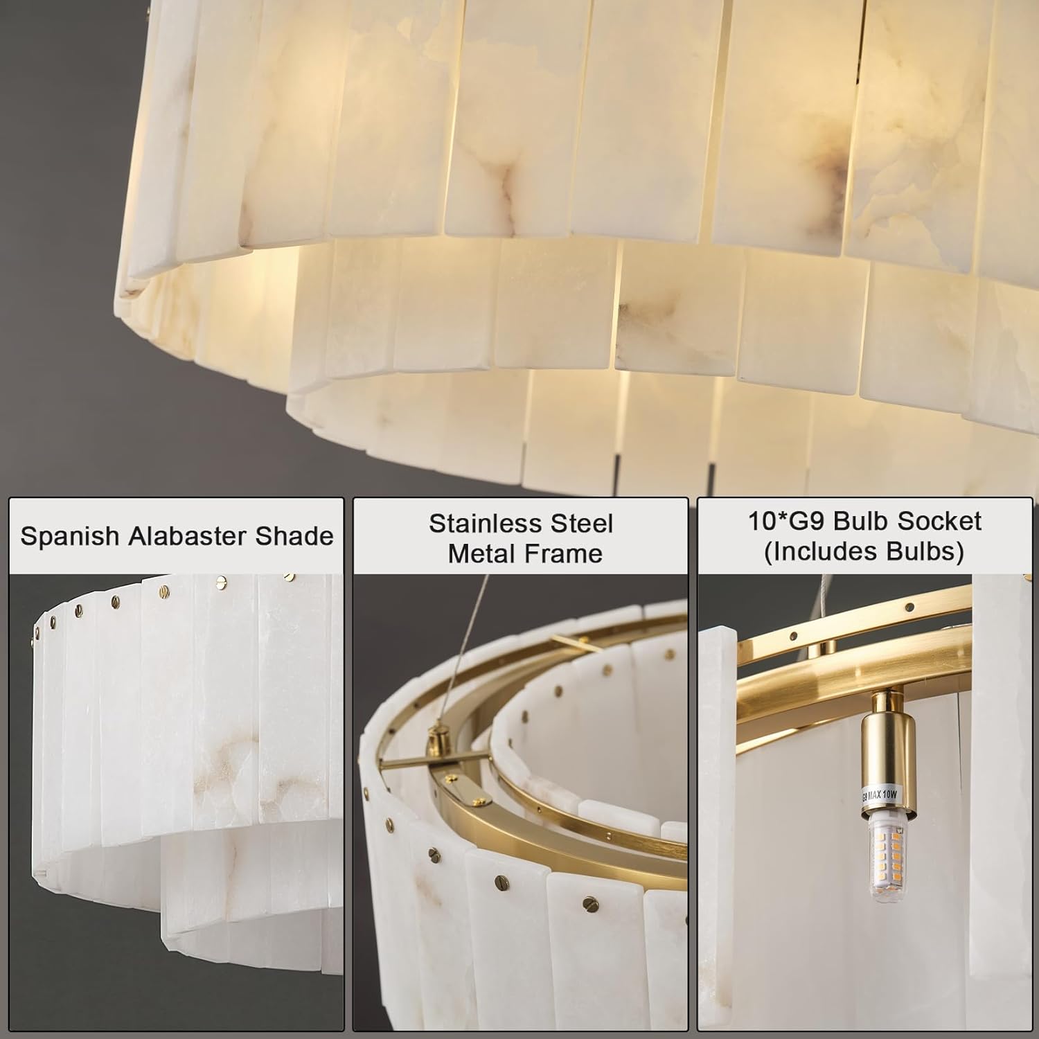 Modern Round Alabaster Pendant Chandelier 22.8 Inch Gold Tiered Ceiling Light G9 Bulbs Included