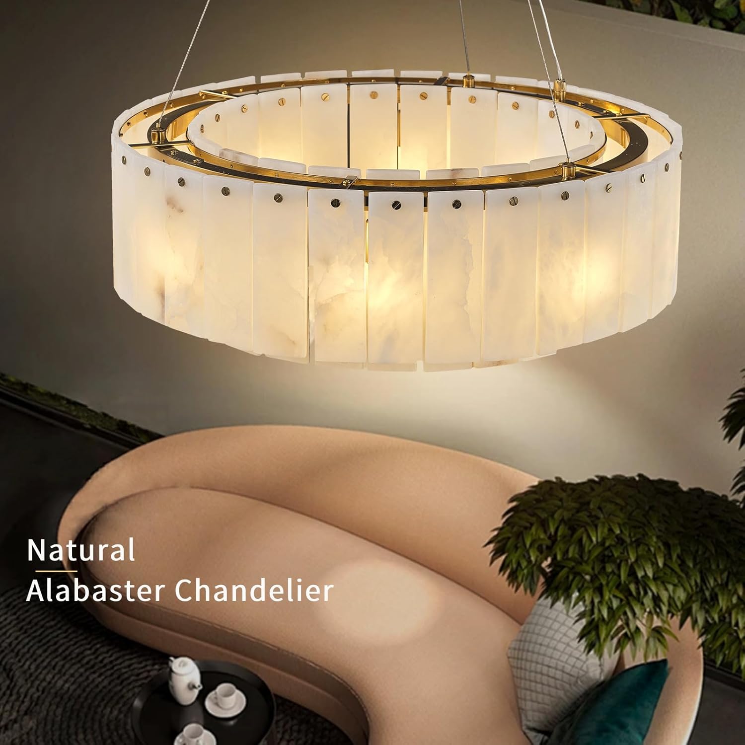 Modern Round Alabaster Pendant Chandelier 22.8 Inch Gold Tiered Ceiling Light G9 Bulbs Included