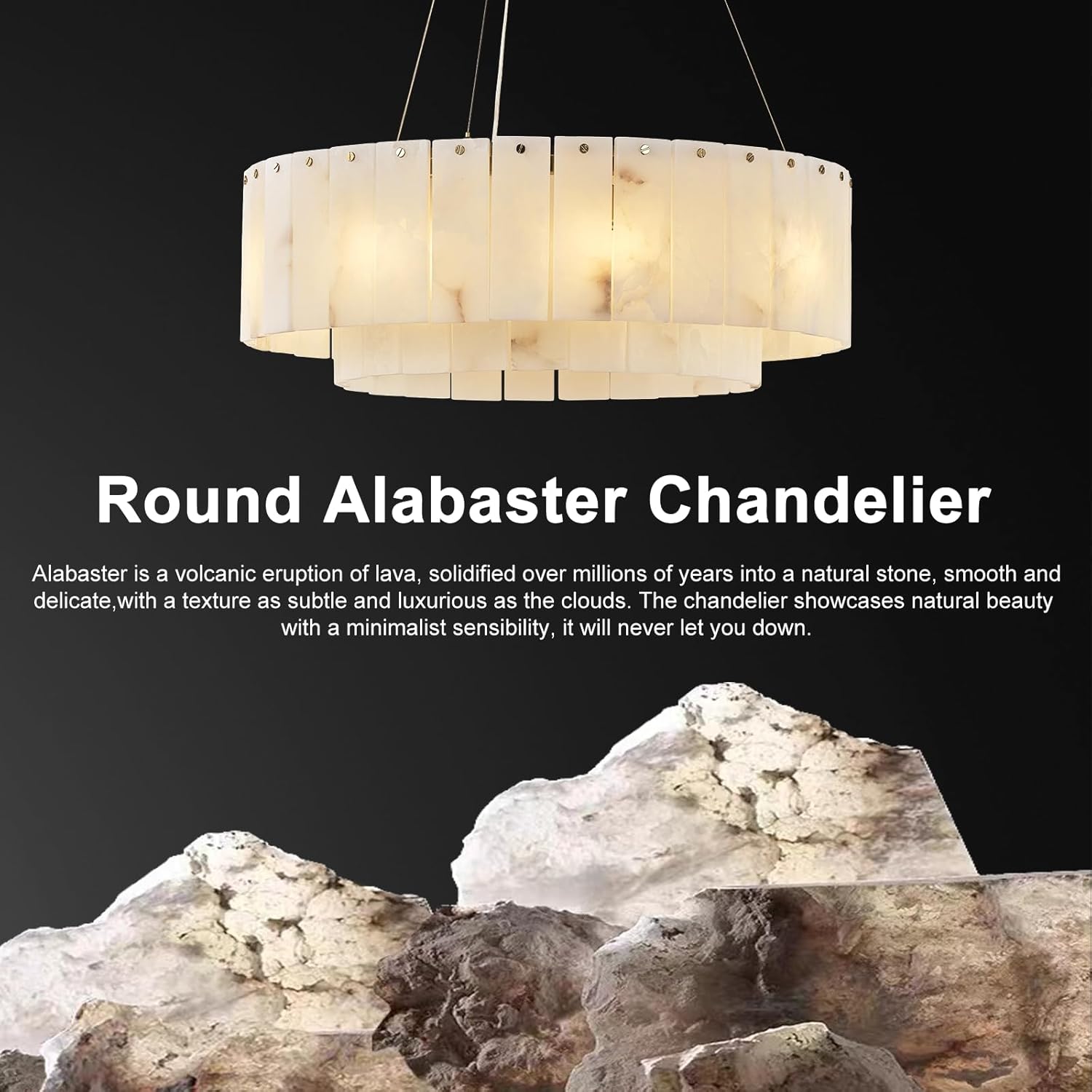 Modern Round Alabaster Pendant Chandelier 22.8 Inch Gold Tiered Ceiling Light G9 Bulbs Included