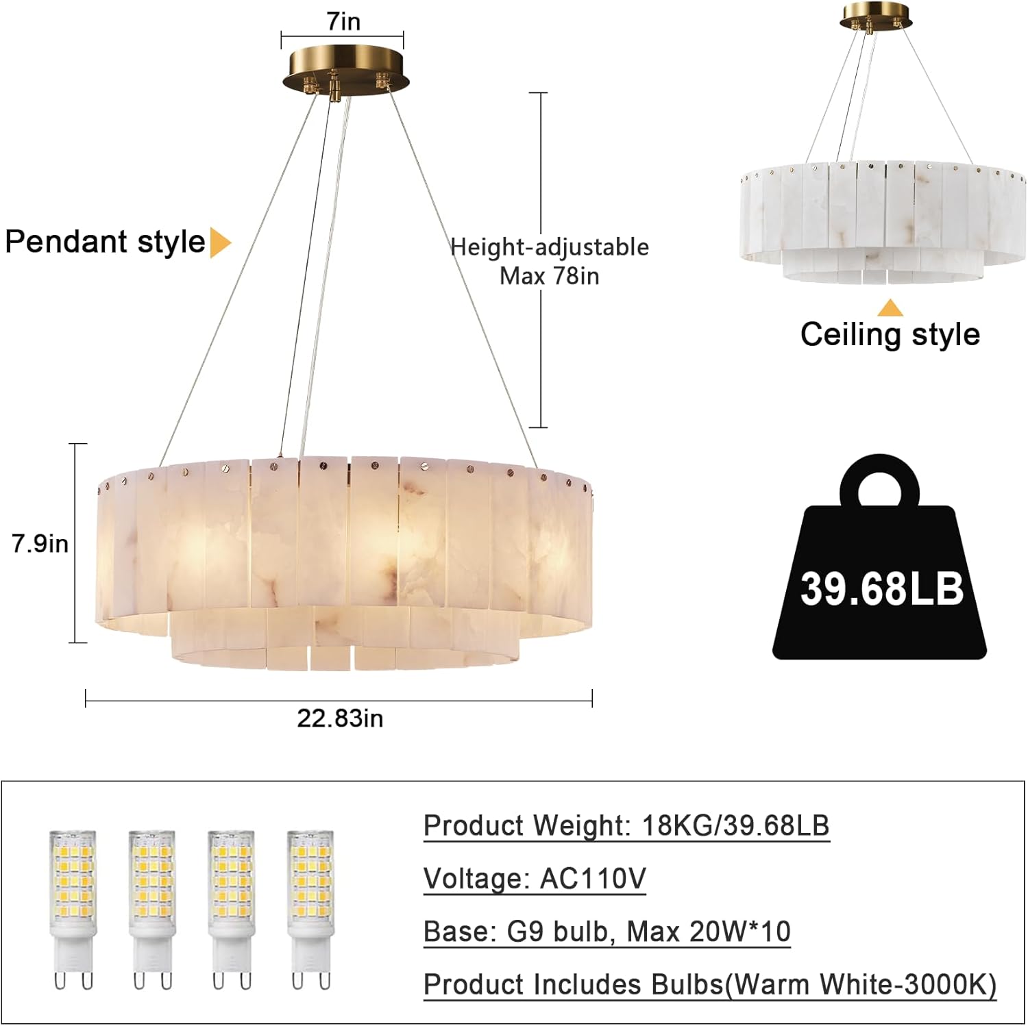 Modern Round Alabaster Pendant Chandelier 22.8 Inch Gold Tiered Ceiling Light G9 Bulbs Included