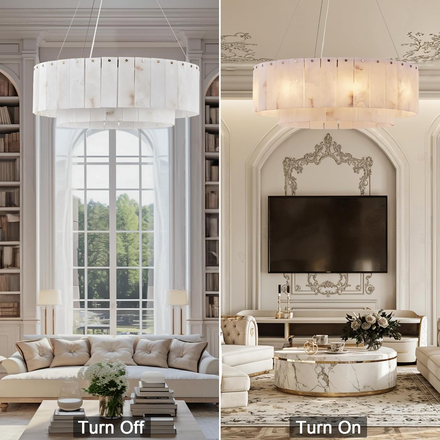 Modern Round Alabaster Pendant Chandelier 22.8 Inch Gold Tiered Ceiling Light G9 Bulbs Included