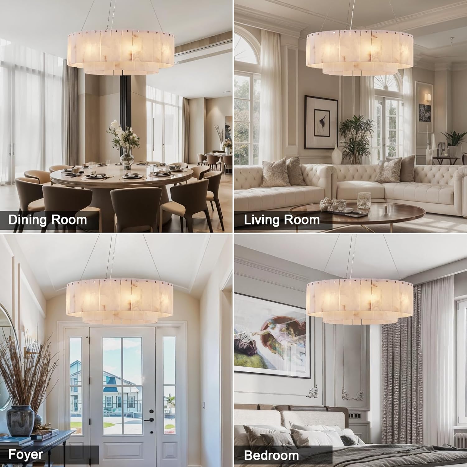 Modern Round Alabaster Pendant Chandelier 22.8 Inch Gold Tiered Ceiling Light G9 Bulbs Included