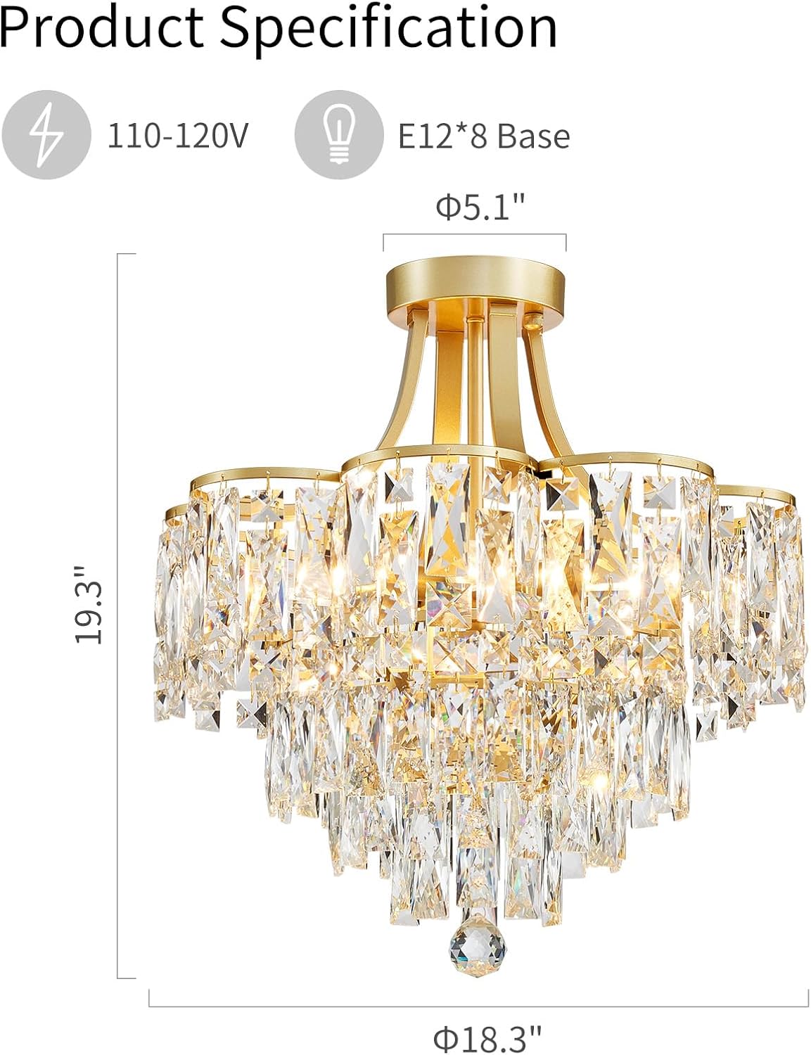 Gold Flush Mount Crystal Chandelier – 8-Light Tiered Luxury Ceiling Light