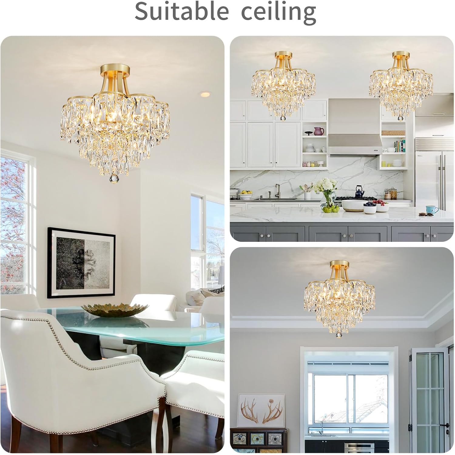 Gold Flush Mount Crystal Chandelier – 8-Light Tiered Luxury Ceiling Light