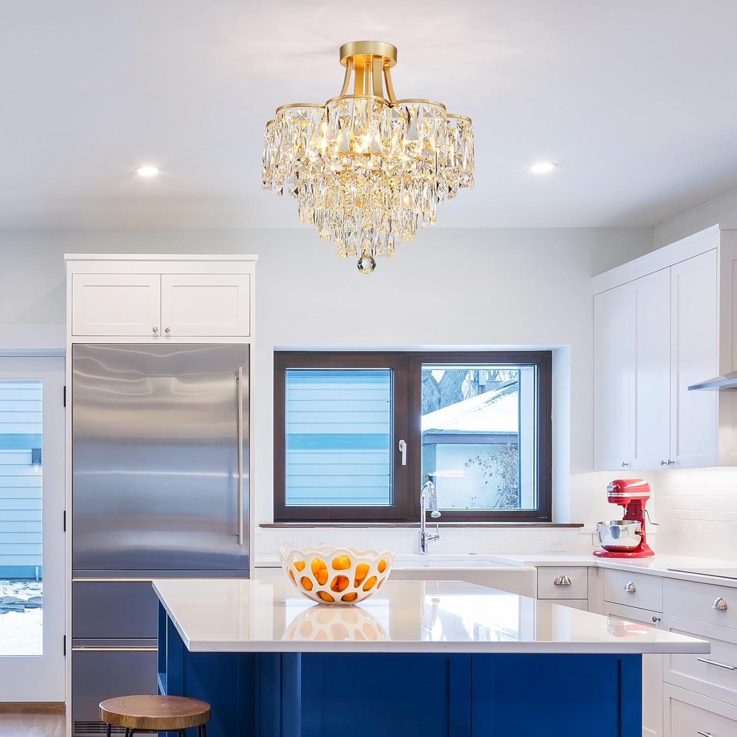 Gold Flush Mount Crystal Chandelier – 8-Light Tiered Luxury Ceiling Light