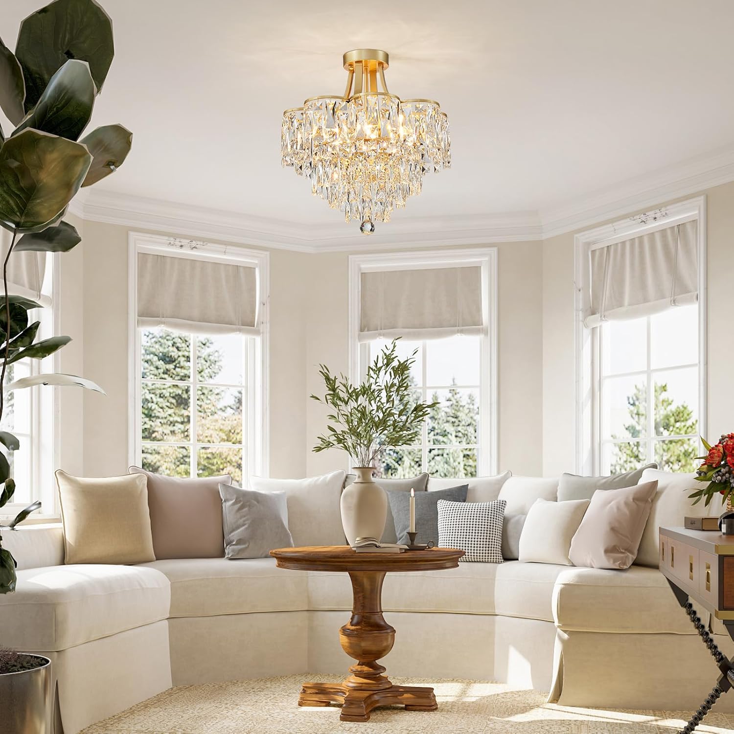 Gold Flush Mount Crystal Chandelier – 8-Light Tiered Luxury Ceiling Light