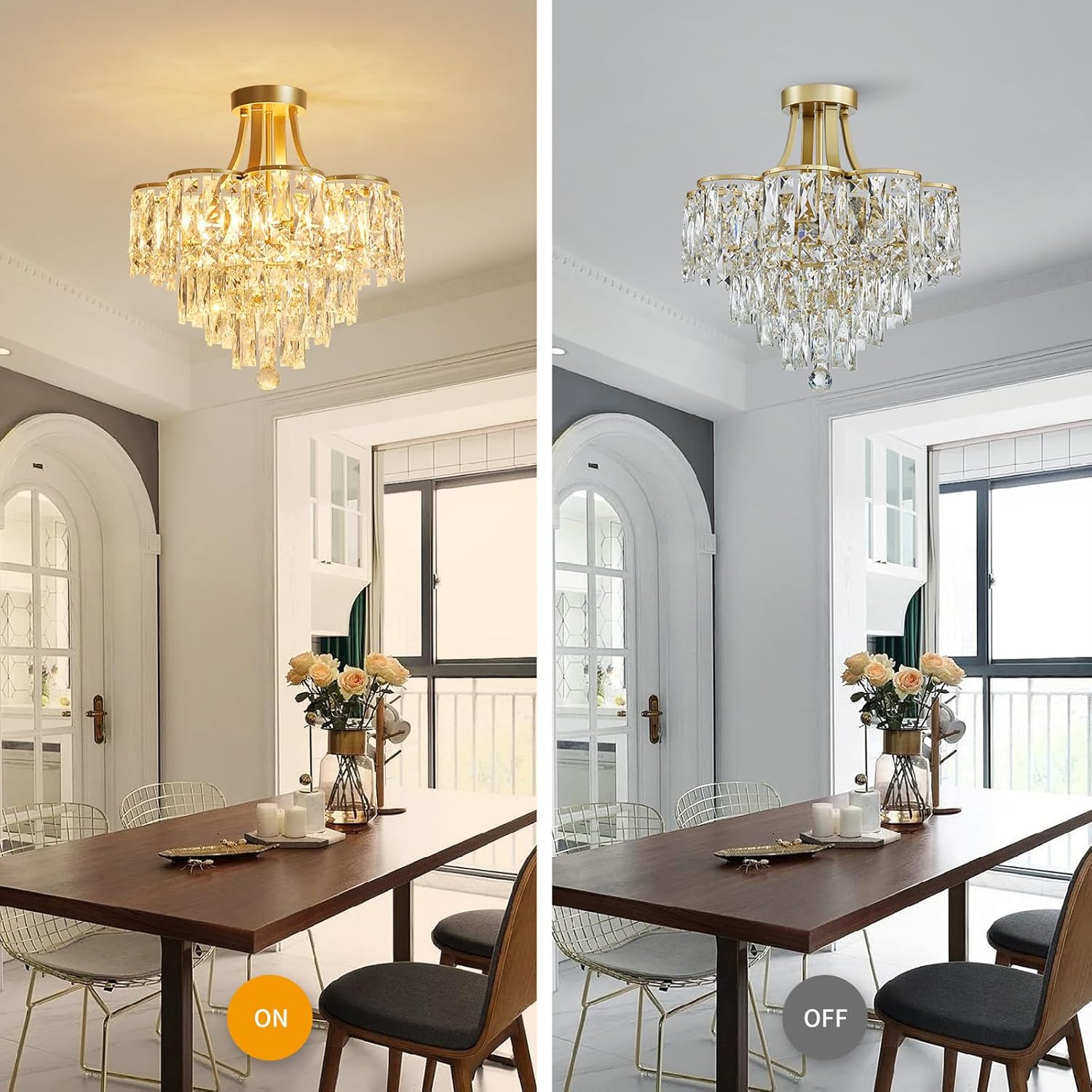Gold Flush Mount Crystal Chandelier – 8-Light Tiered Luxury Ceiling Light