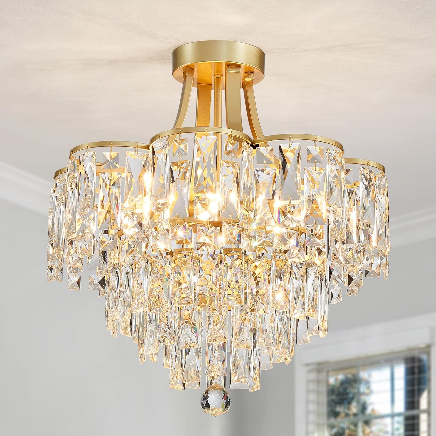 Gold Flush Mount Crystal Chandelier – 8-Light Tiered Luxury Ceiling Light