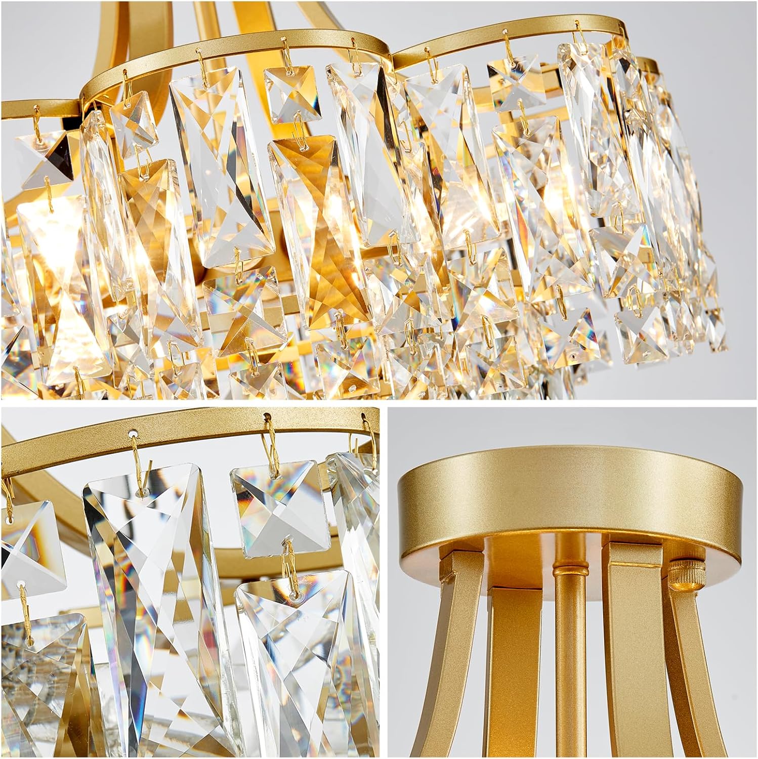 Gold Flush Mount Crystal Chandelier – 8-Light Tiered Luxury Ceiling Light