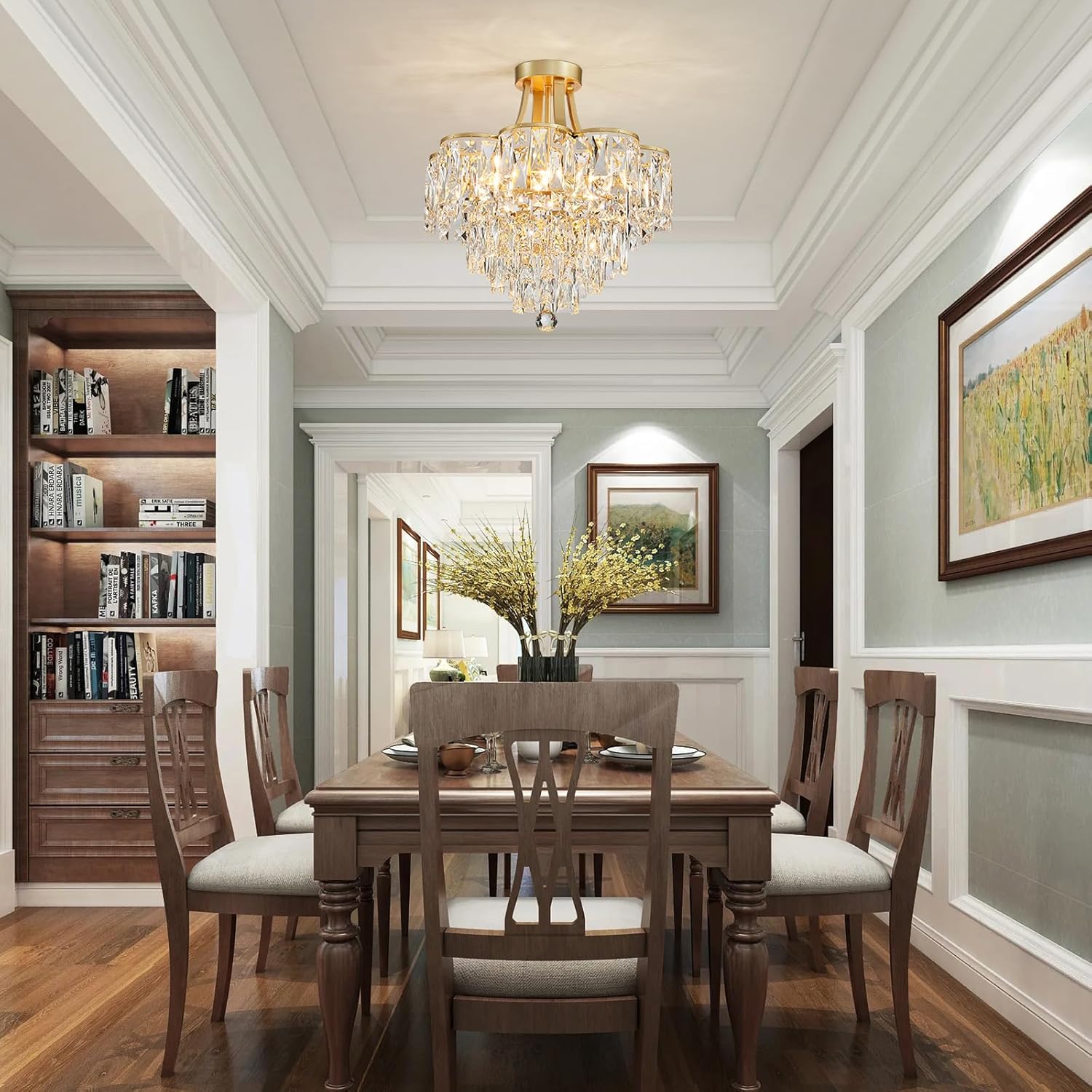 Gold Flush Mount Crystal Chandelier – 8-Light Tiered Luxury Ceiling Light