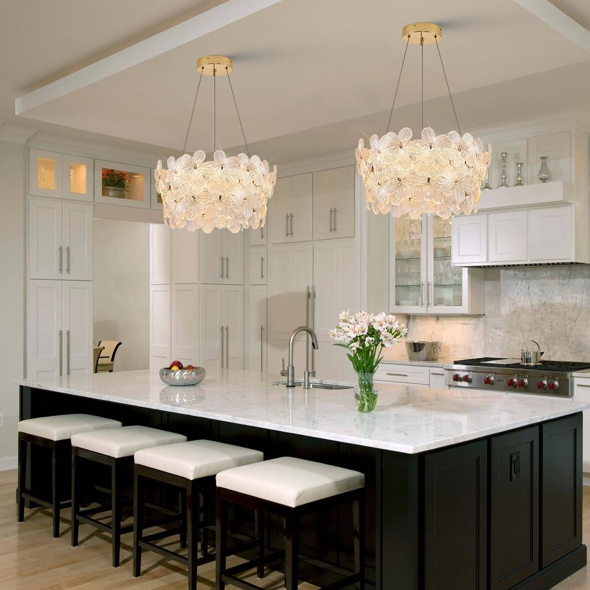 Modern Remote-Controlled Gold Flower Crystal Chandelier – Dimmable LED Pendant Light with Adjustable Height (3000K–6500K)