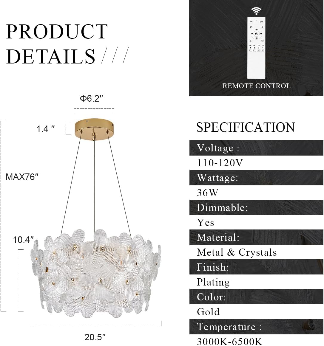 Modern Remote-Controlled Gold Flower Crystal Chandelier – Dimmable LED Pendant Light with Adjustable Height (3000K–6500K)