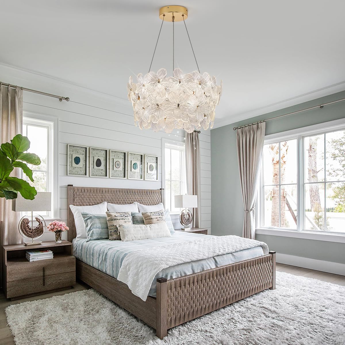 Modern Remote-Controlled Gold Flower Crystal Chandelier – Dimmable LED Pendant Light with Adjustable Height (3000K–6500K)