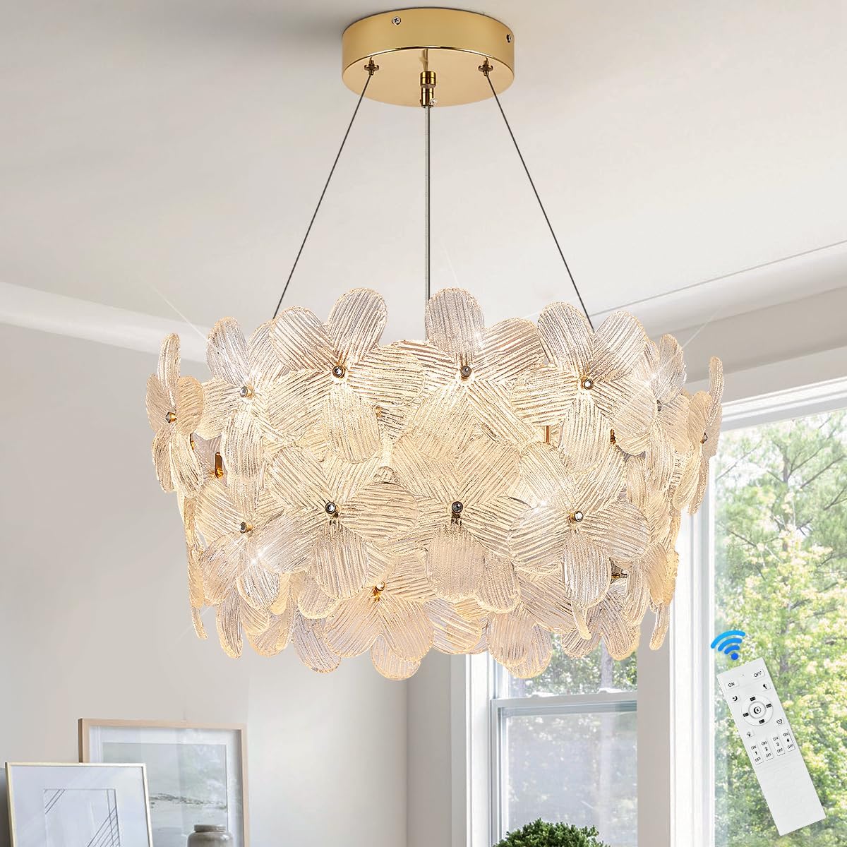 Modern Remote-Controlled Gold Flower Crystal Chandelier – Dimmable LED Pendant Light with Adjustable Height (3000K–6500K)