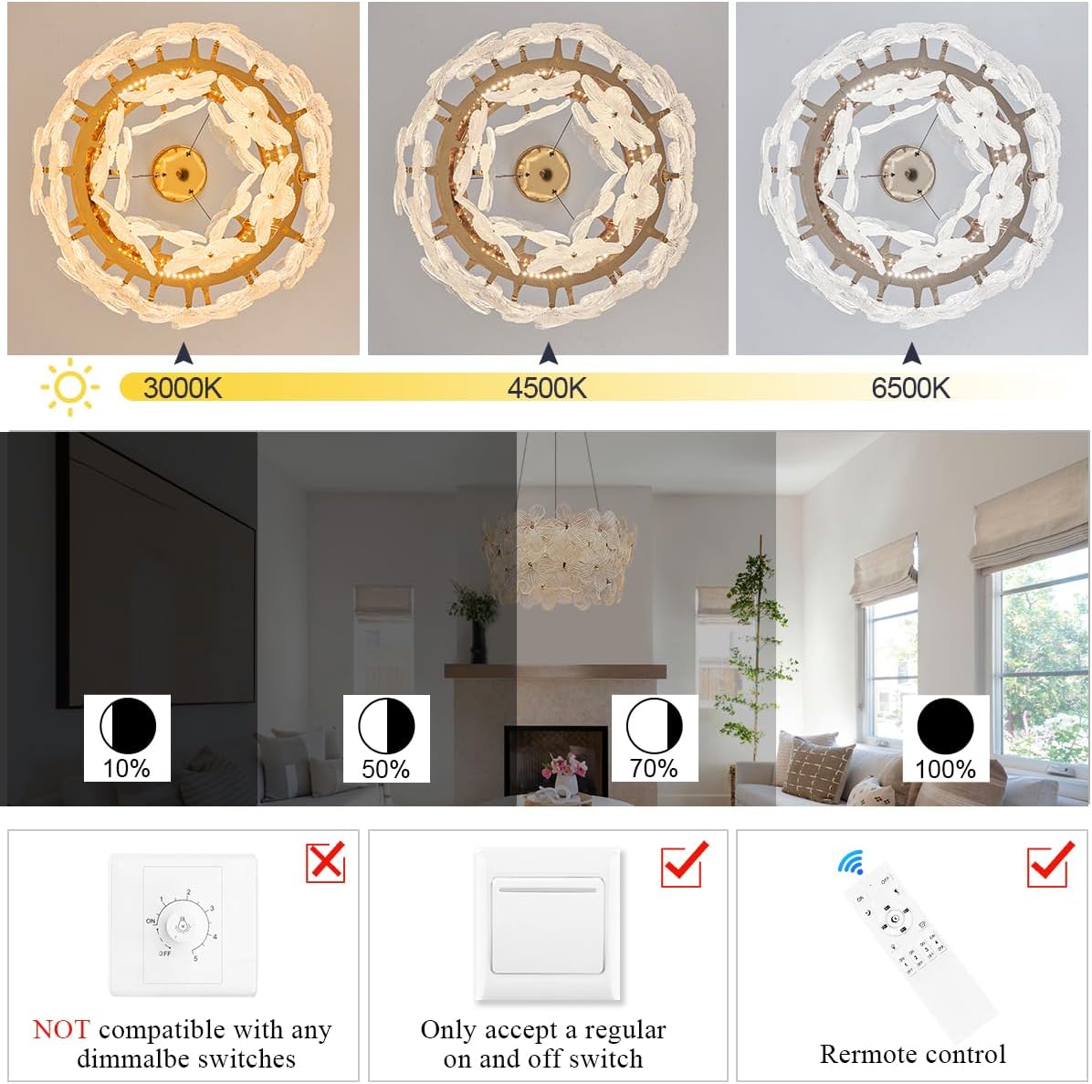 Modern Remote-Controlled Gold Flower Crystal Chandelier – Dimmable LED Pendant Light with Adjustable Height (3000K–6500K)