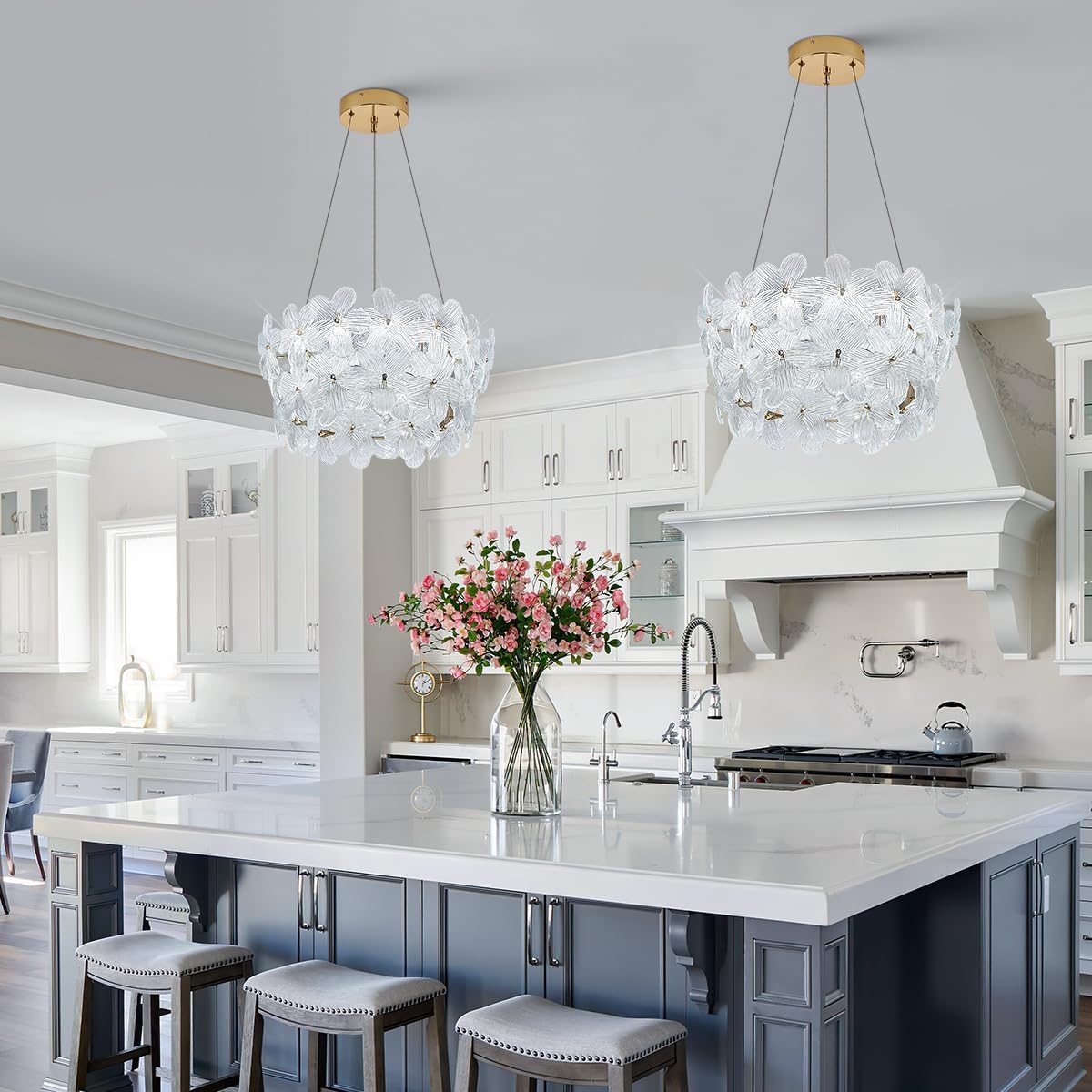 Modern Remote-Controlled Gold Flower Crystal Chandelier – Dimmable LED Pendant Light with Adjustable Height (3000K–6500K)