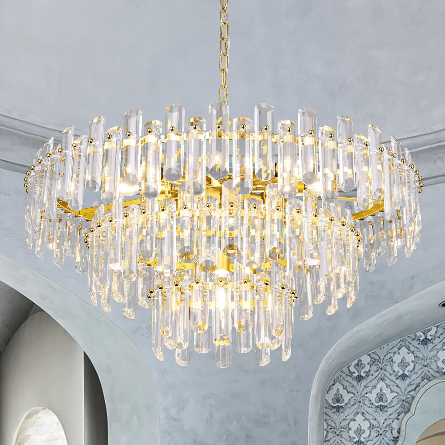 Modern Luxury Large K9 Crystal Chandelier – Gold Multi-Tier Adjustable Height LED Pendant Light Ø80cm