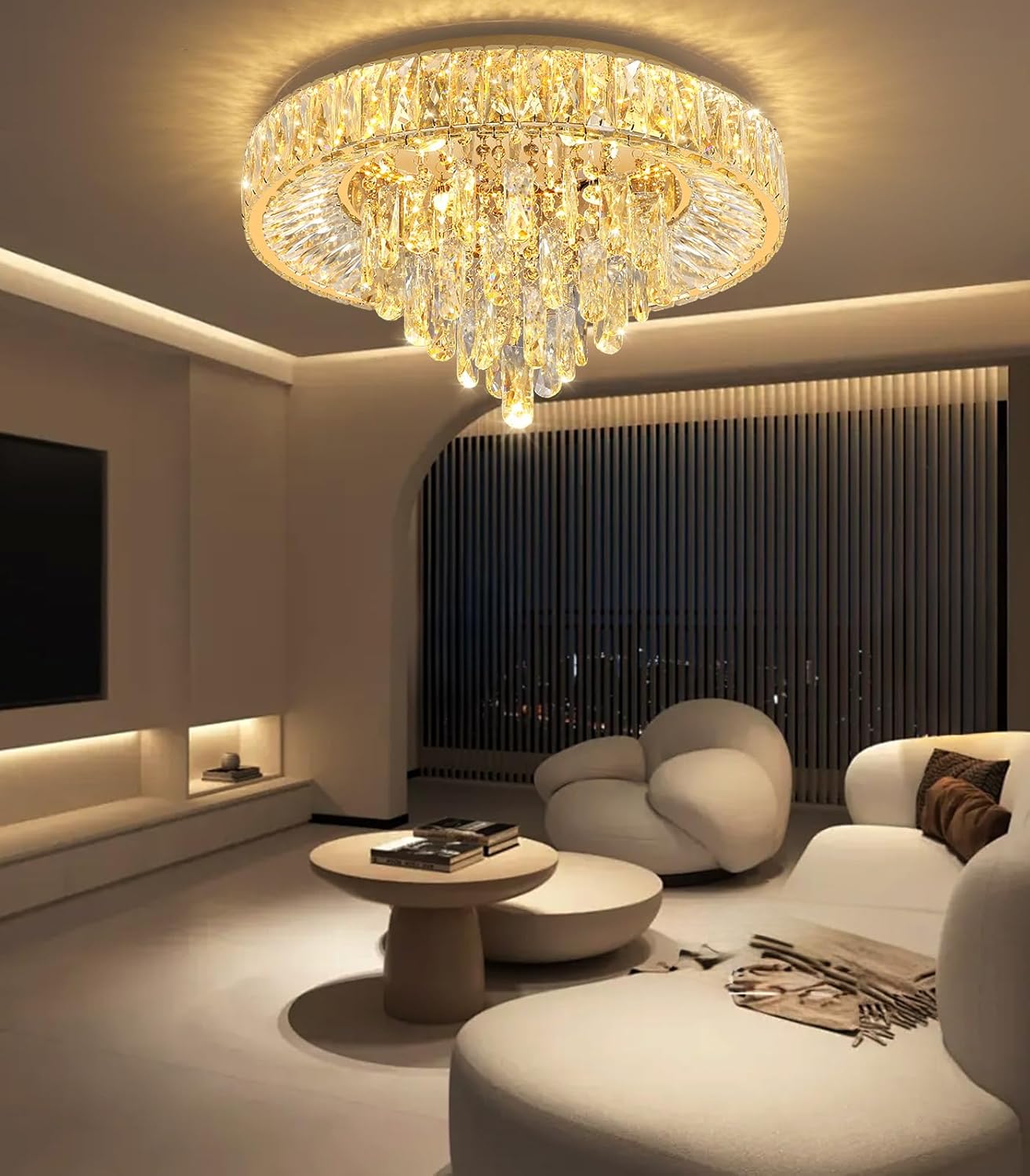 Modern LED Crystal Chandelier Flush Mount - Gold Round Ceiling Light with Remote and App Control