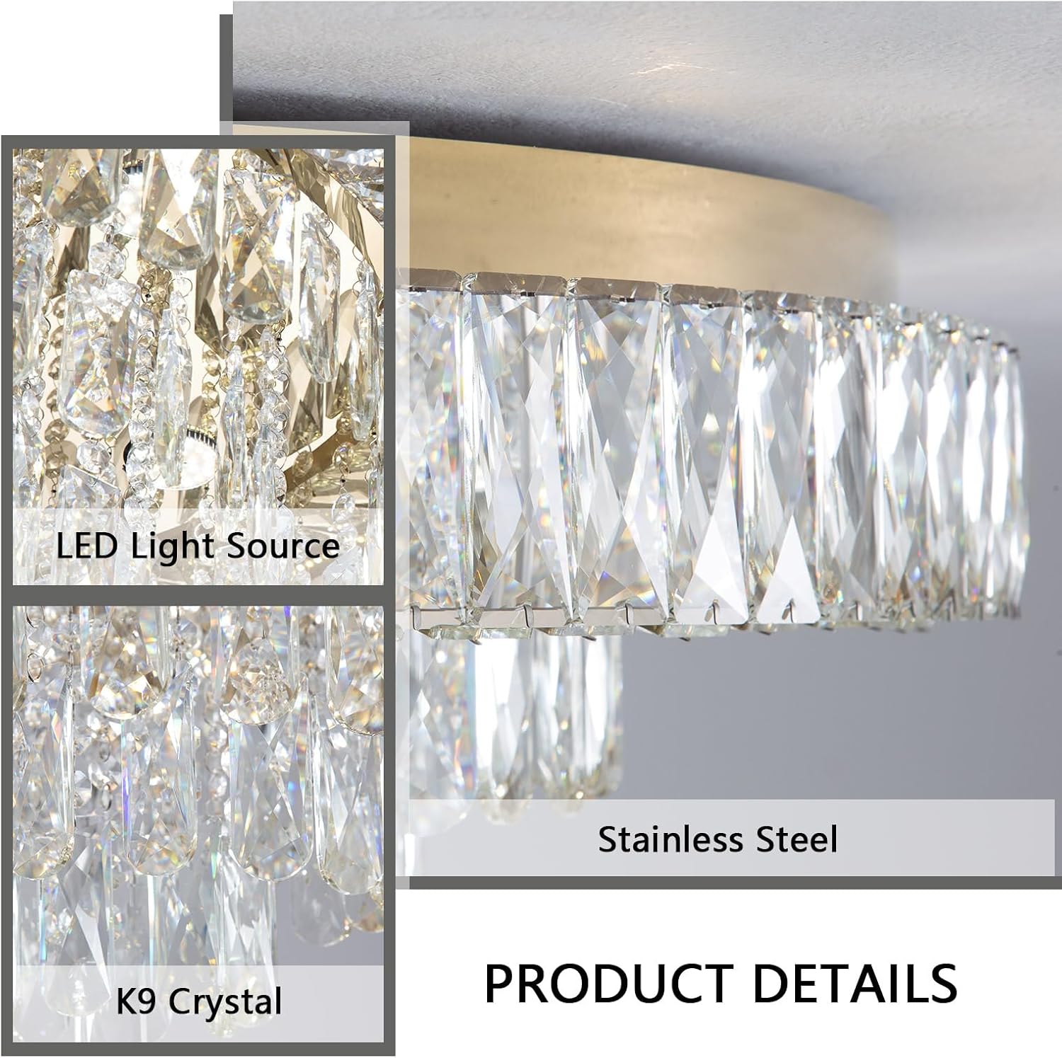 Modern LED Crystal Chandelier Flush Mount - Gold Round Ceiling Light with Remote and App Control