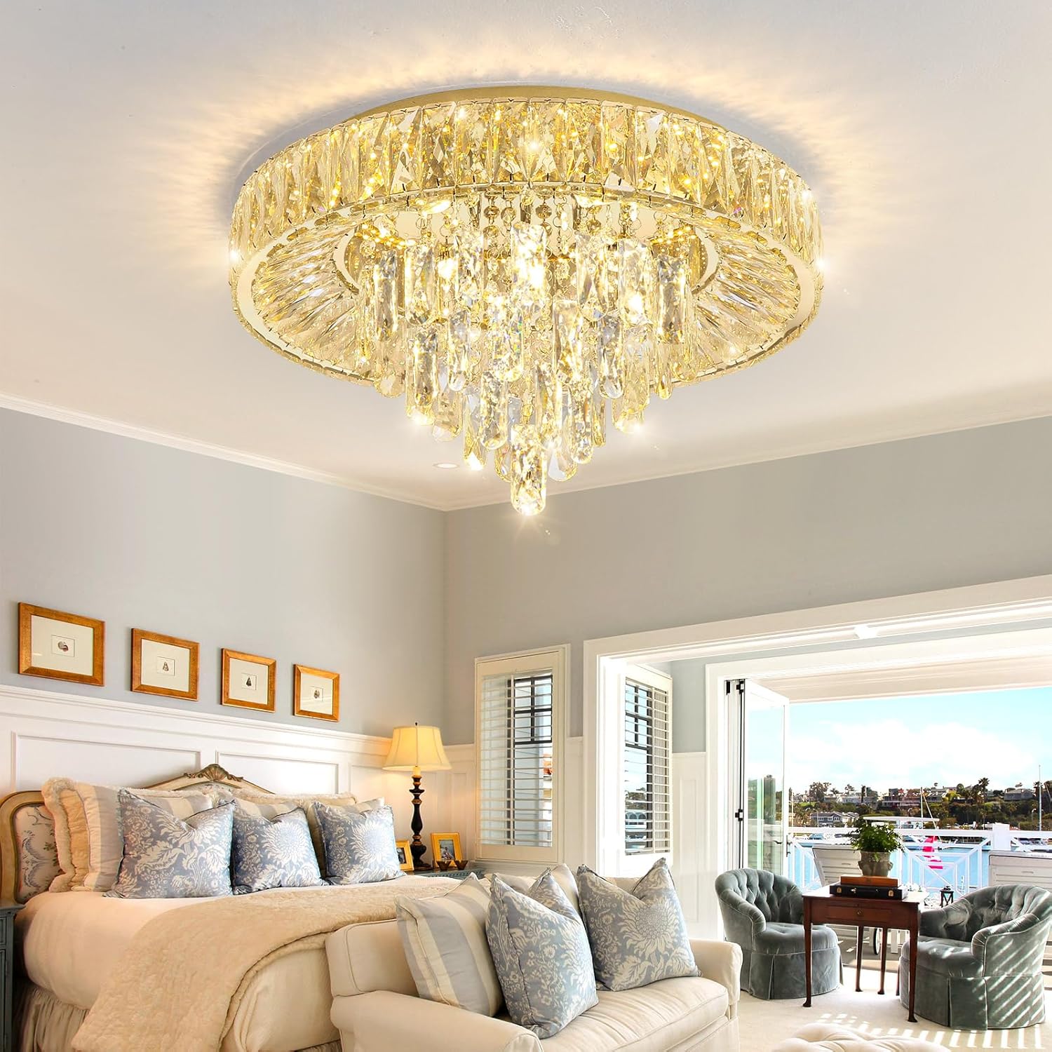 Modern LED Crystal Chandelier Flush Mount - Gold Round Ceiling Light with Remote and App Control