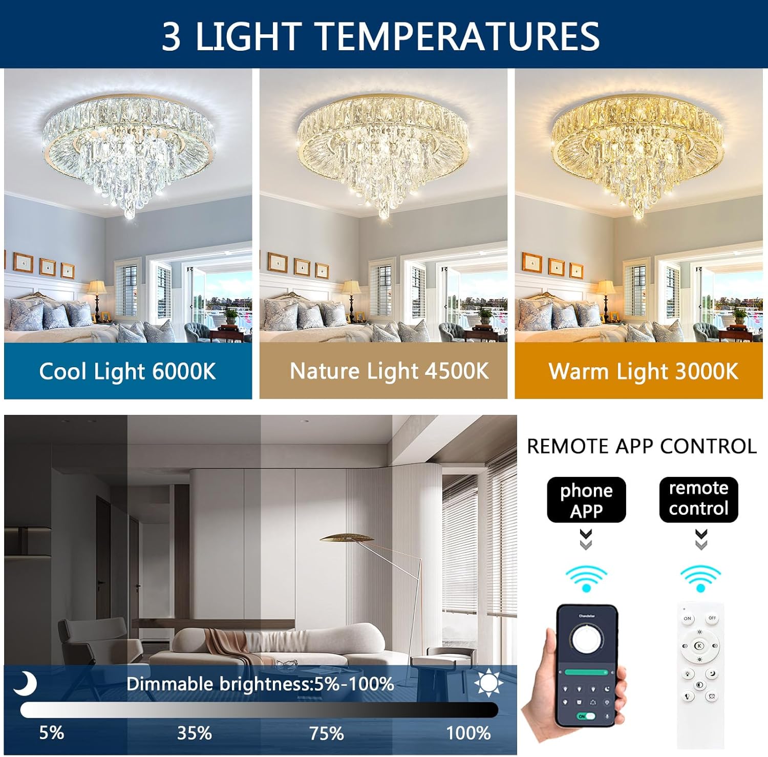 Modern LED Crystal Chandelier Flush Mount - Gold Round Ceiling Light with Remote and App Control