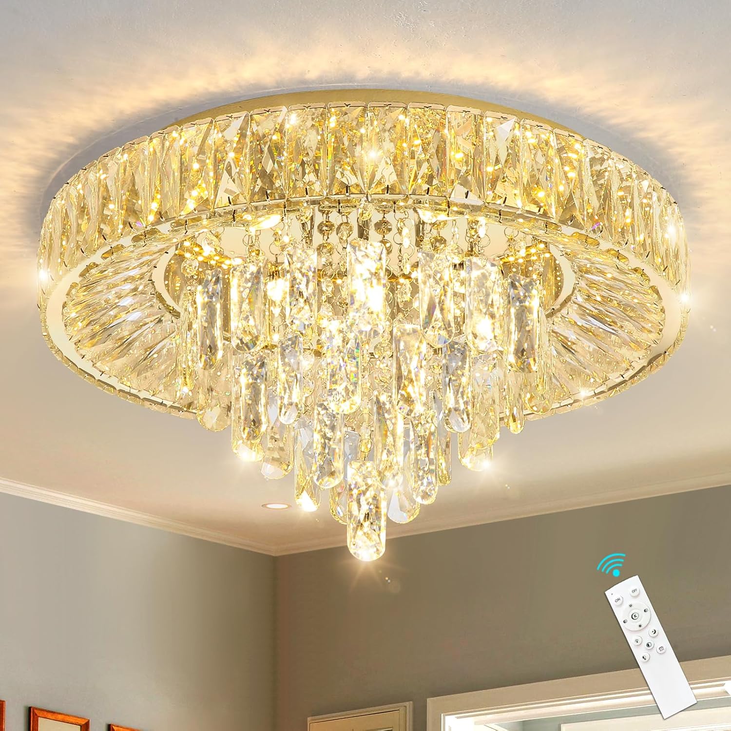 Modern LED Crystal Chandelier Flush Mount - Gold Round Ceiling Light with Remote and App Control