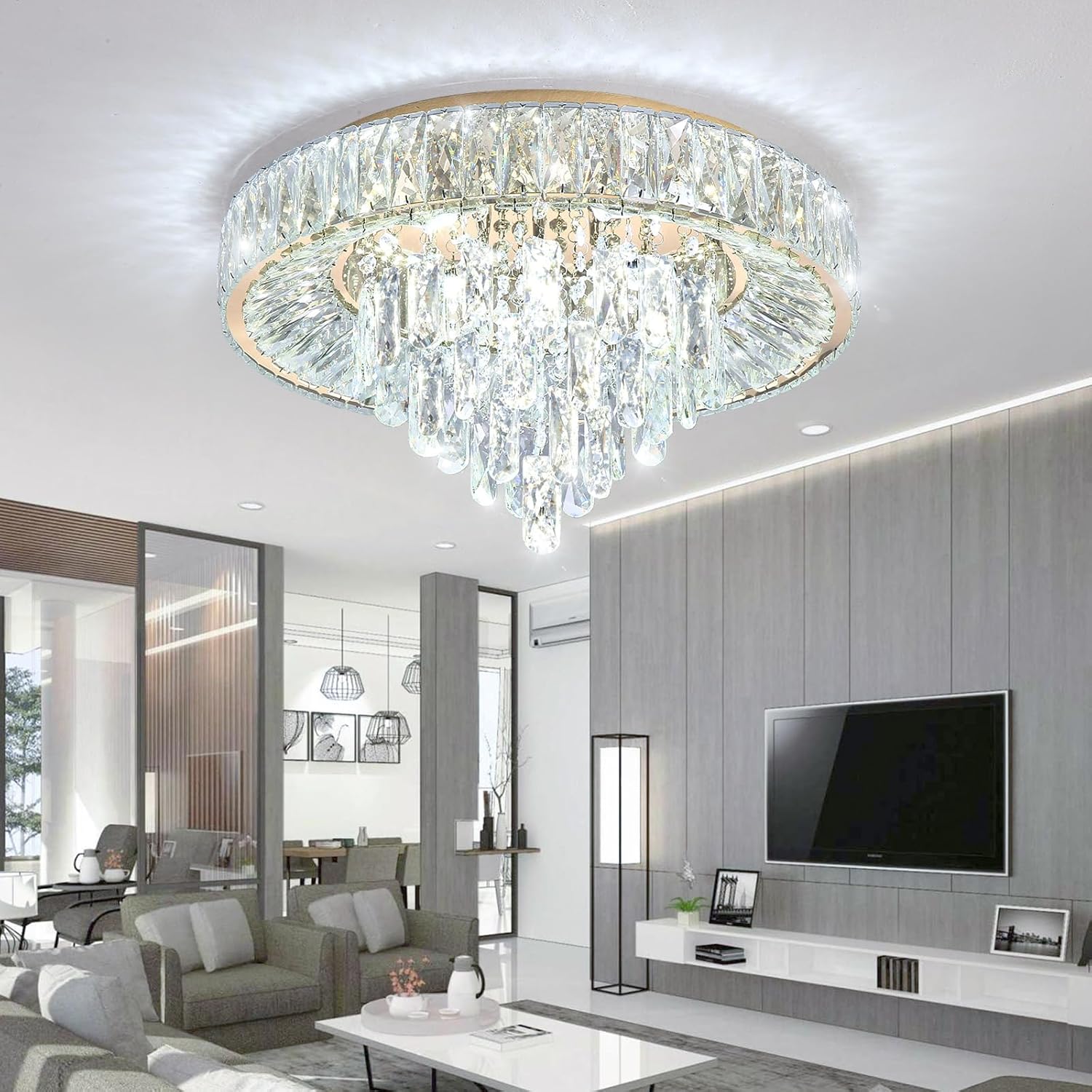 Modern LED Crystal Chandelier Flush Mount - Gold Round Ceiling Light with Remote and App Control