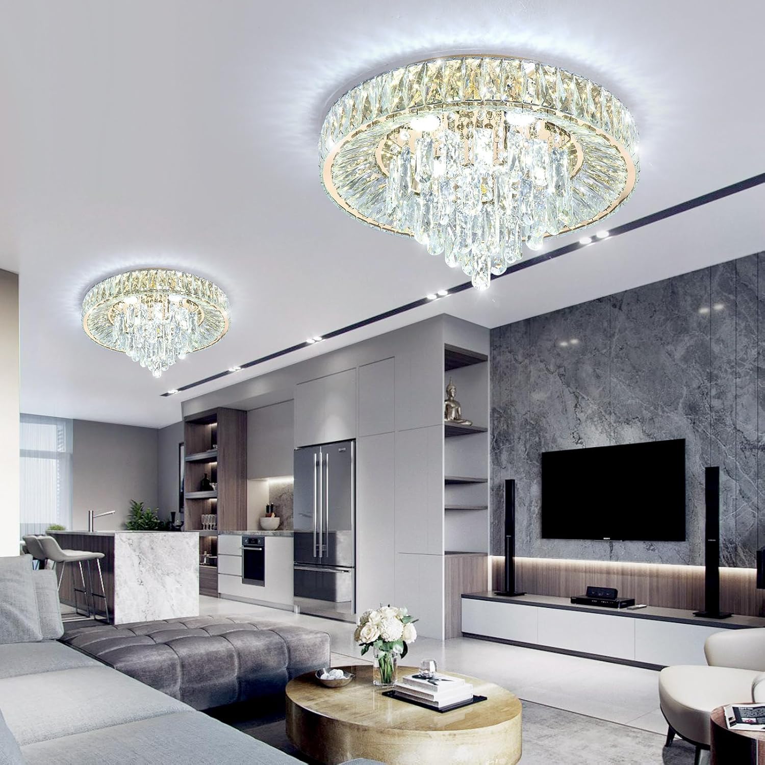 Modern LED Crystal Chandelier Flush Mount - Gold Round Ceiling Light with Remote and App Control