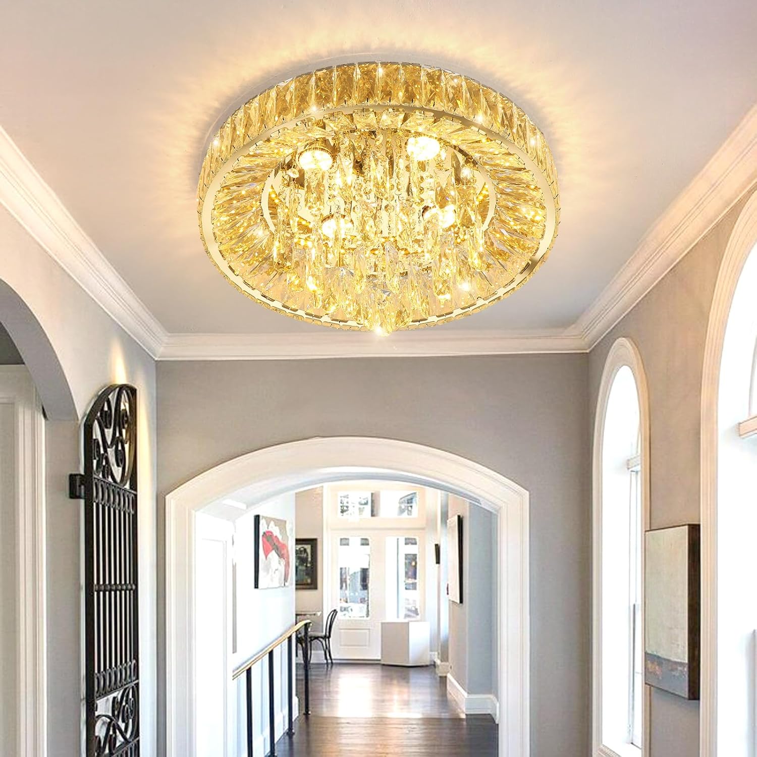 Modern LED Crystal Chandelier Flush Mount - Gold Round Ceiling Light with Remote and App Control