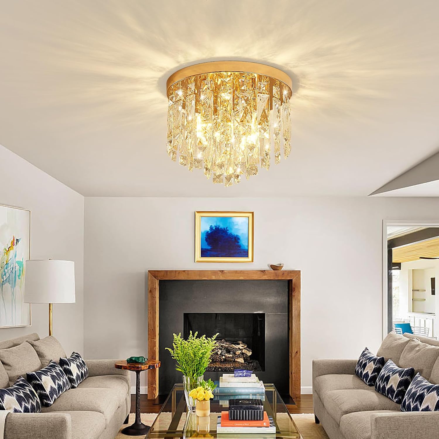 Modern Crystal Flush Mount Ceiling Light - Gold Round Fixture with E12 Base