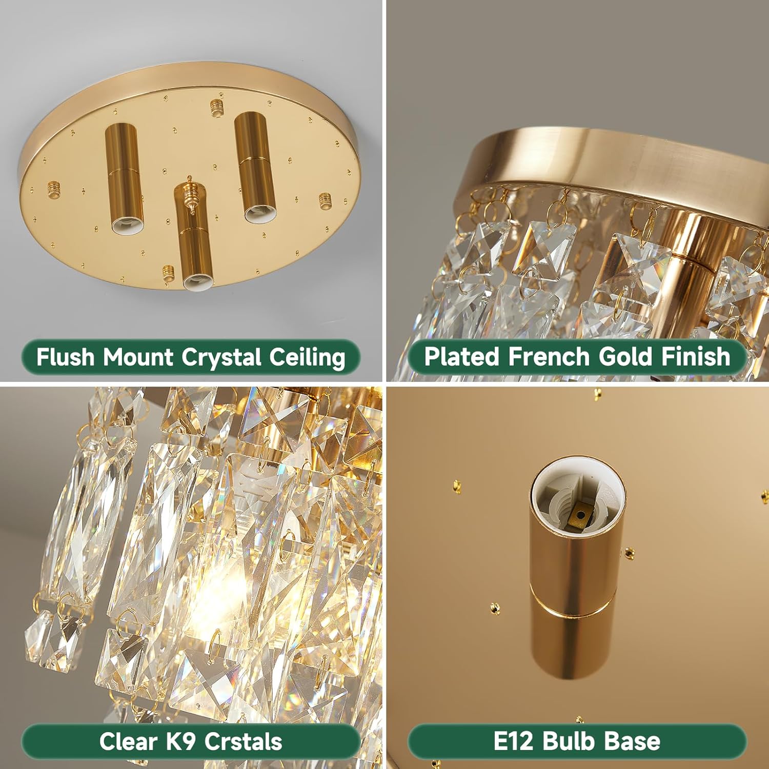 Modern Crystal Flush Mount Ceiling Light - Gold Round Fixture with E12 Base