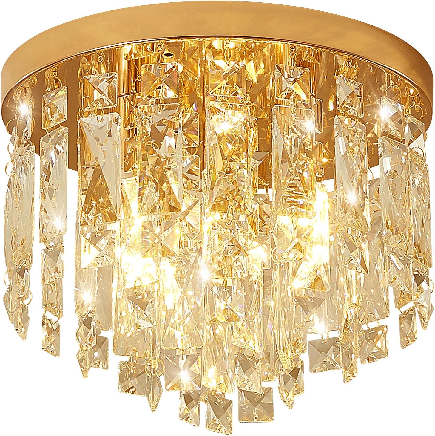 Modern Crystal Flush Mount Ceiling Light - Gold Round Fixture with E12 Base