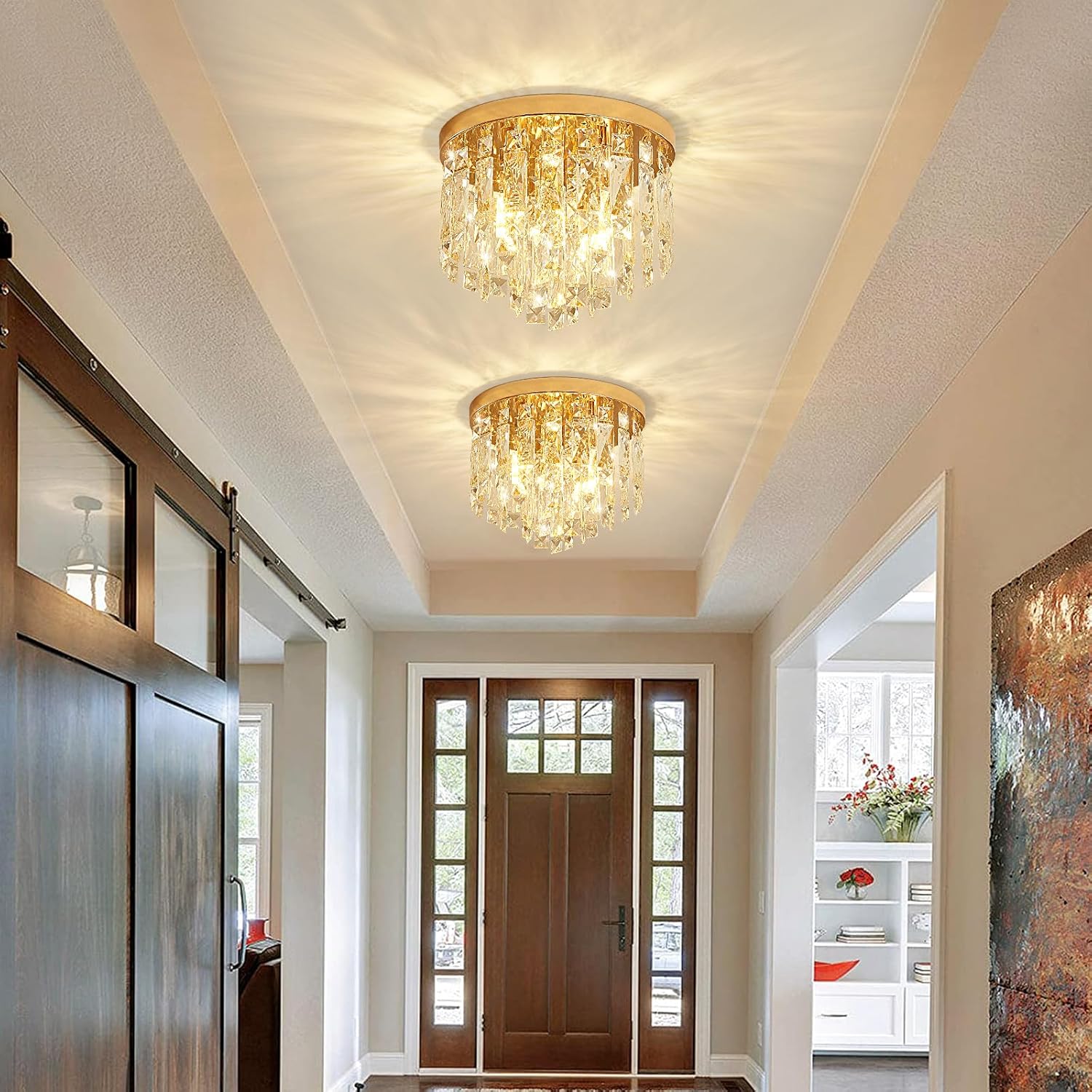Modern Crystal Flush Mount Ceiling Light - Gold Round Fixture with E12 Base
