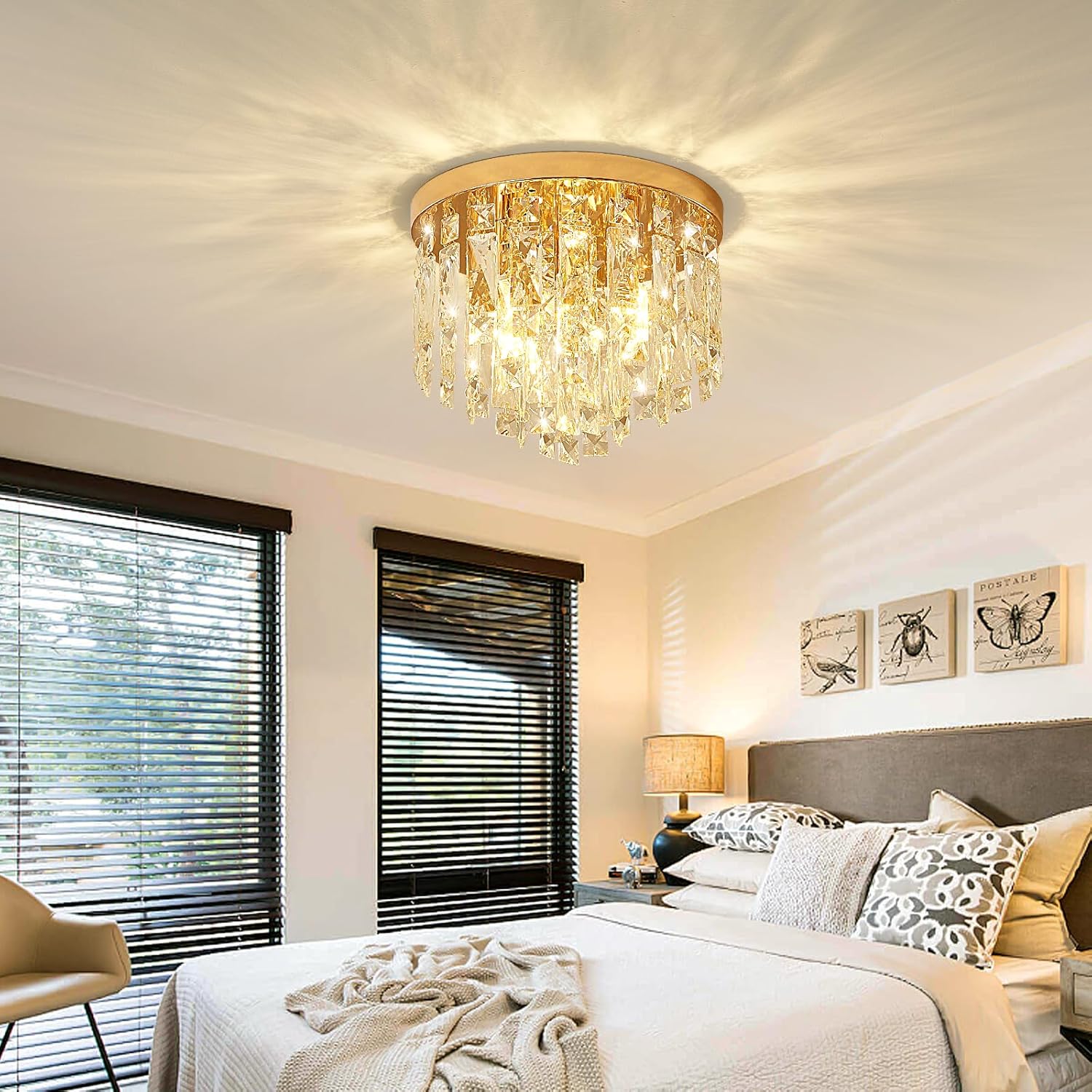 Modern Crystal Flush Mount Ceiling Light - Gold Round Fixture with E12 Base