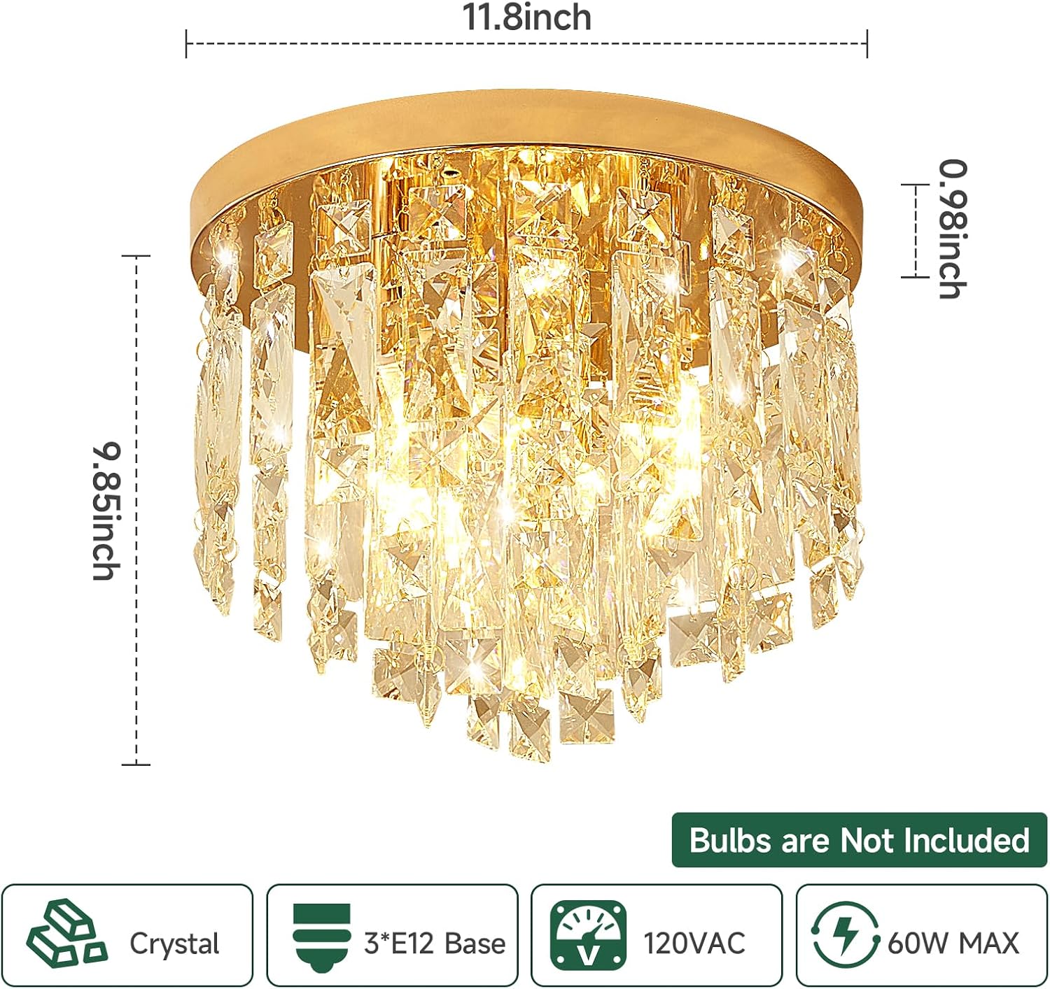 Modern Crystal Flush Mount Ceiling Light - Gold Round Fixture with E12 Base