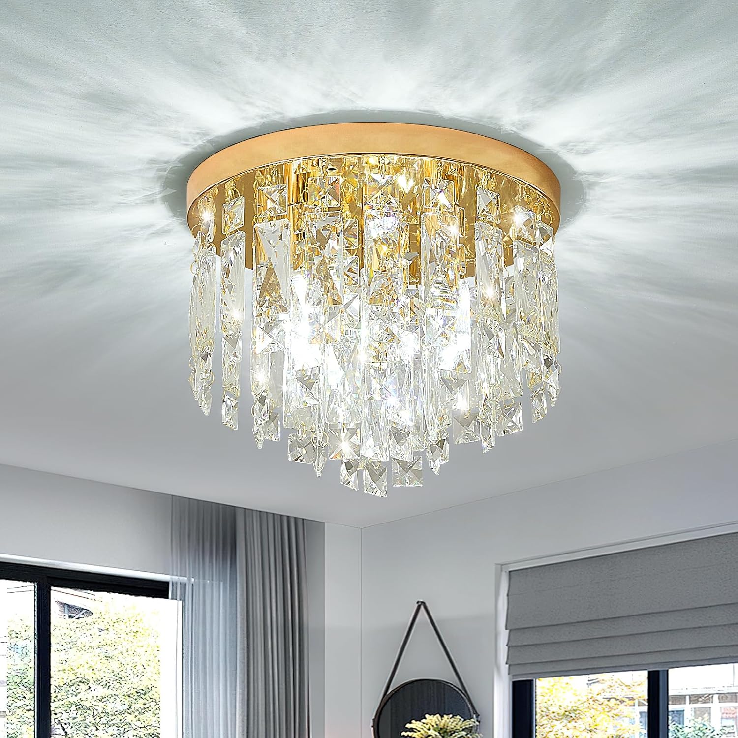 Modern Crystal Flush Mount Ceiling Light - Gold Round Fixture with E12 Base
