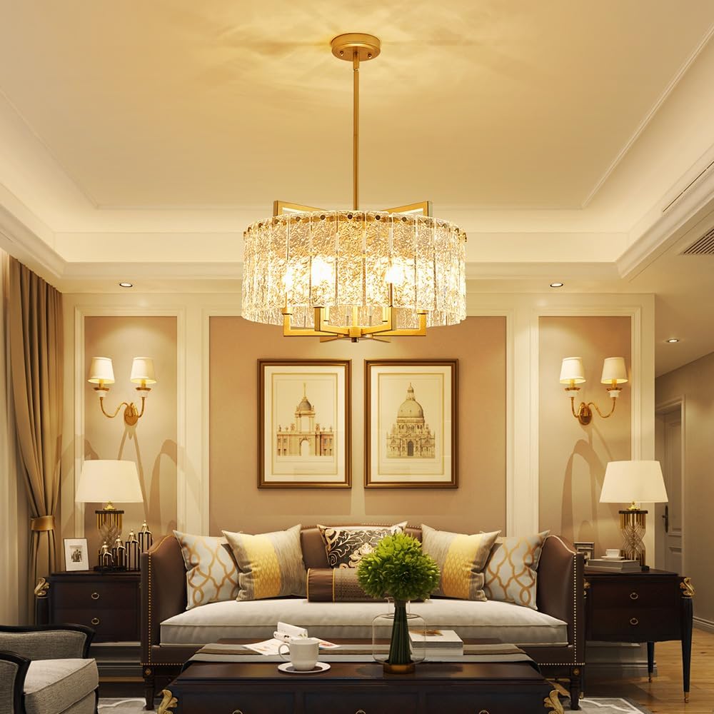 Luxury Adjustable Crystal Chandelier – Gold Round Pendant Light with Tiered Glass Panels for Living Room & Dining Room