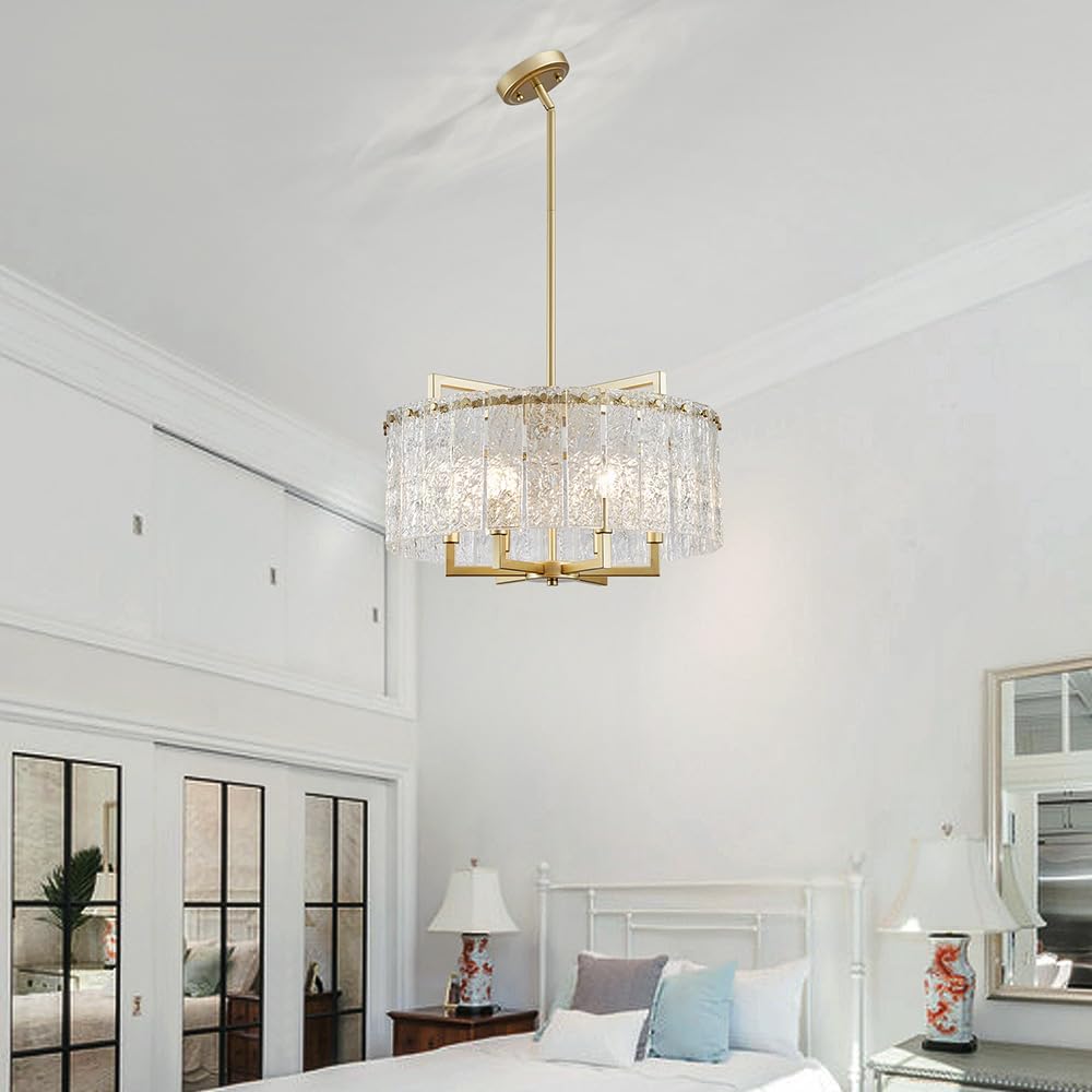 Luxury Adjustable Crystal Chandelier – Gold Round Pendant Light with Tiered Glass Panels for Living Room & Dining Room