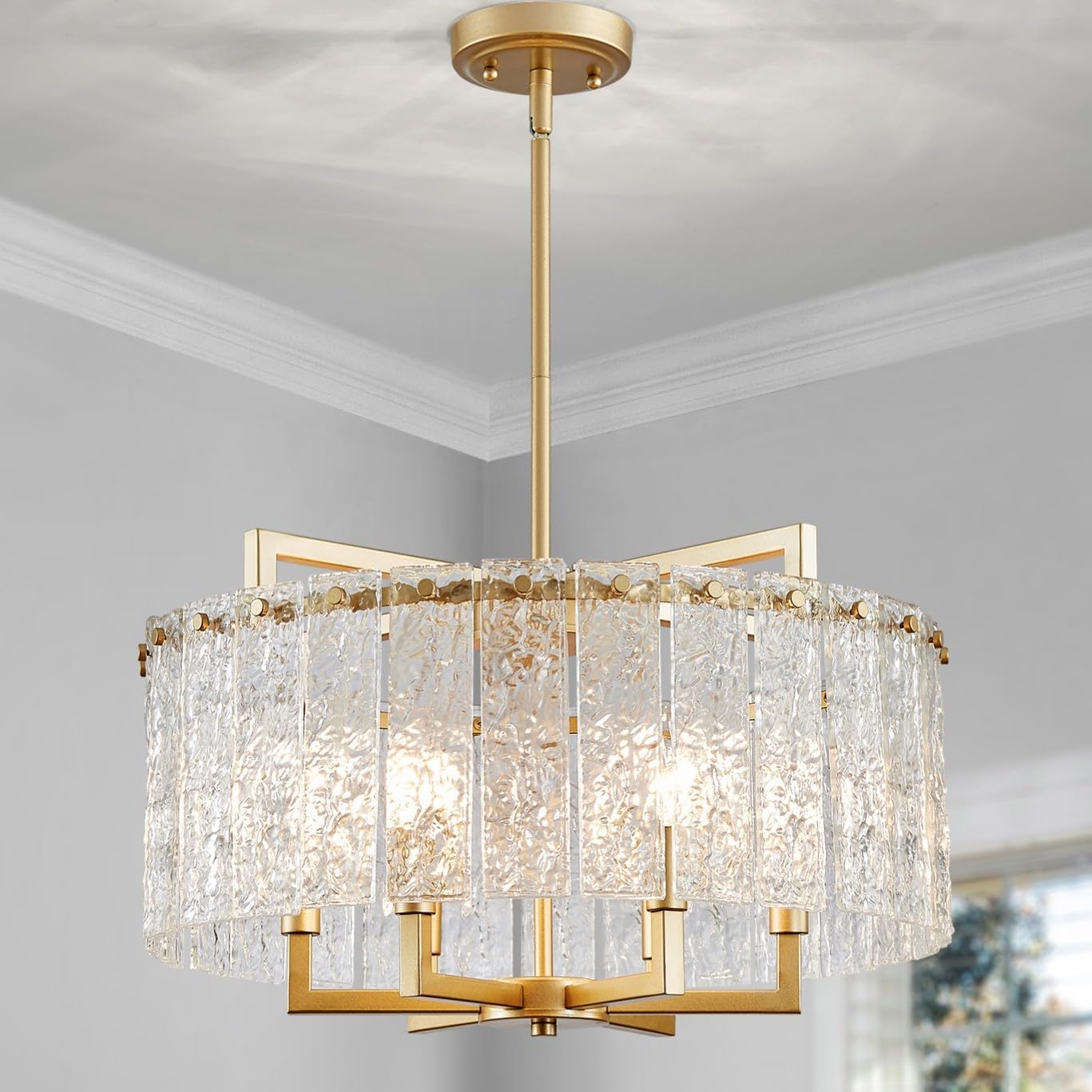 Luxury Adjustable Crystal Chandelier – Gold Round Pendant Light with Tiered Glass Panels for Living Room & Dining Room