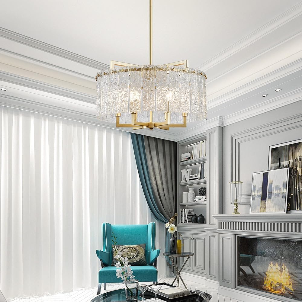 Luxury Adjustable Crystal Chandelier – Gold Round Pendant Light with Tiered Glass Panels for Living Room & Dining Room