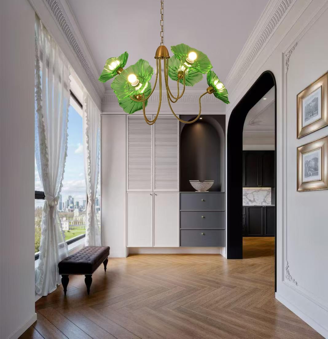 6-Light Green Lotus Leaf Glass Chandelier – Luxury Brass Pendant Light