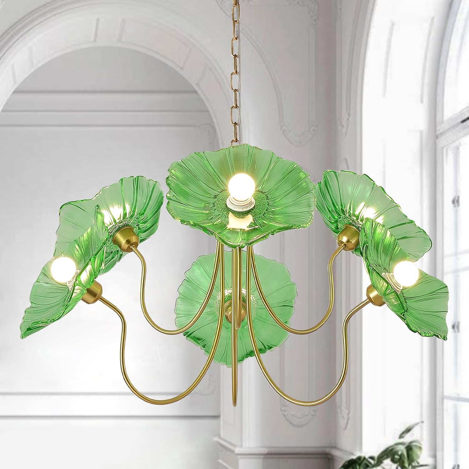 6-Light Green Lotus Leaf Glass Chandelier – Luxury Brass Pendant Light